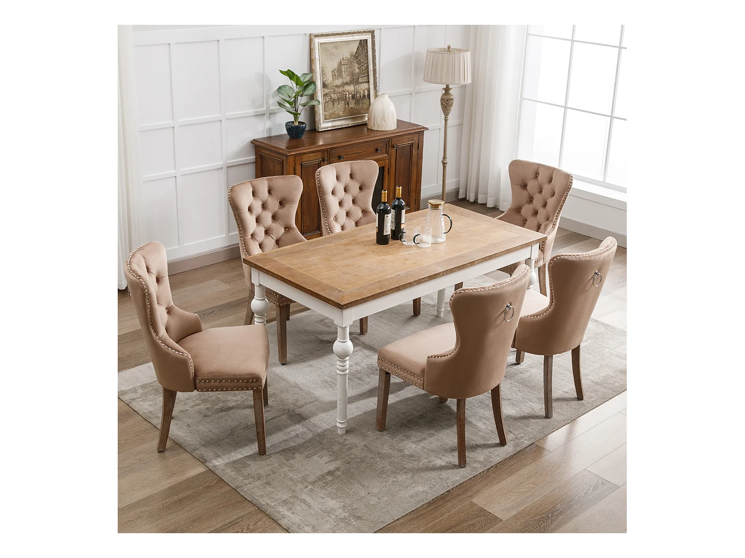 Conjunto de 6 cadeiras de jantar, cadeira estofada com acabamento em tachas, pernas de madeira maciça, capa de veludo, marrom, com design de aldrava