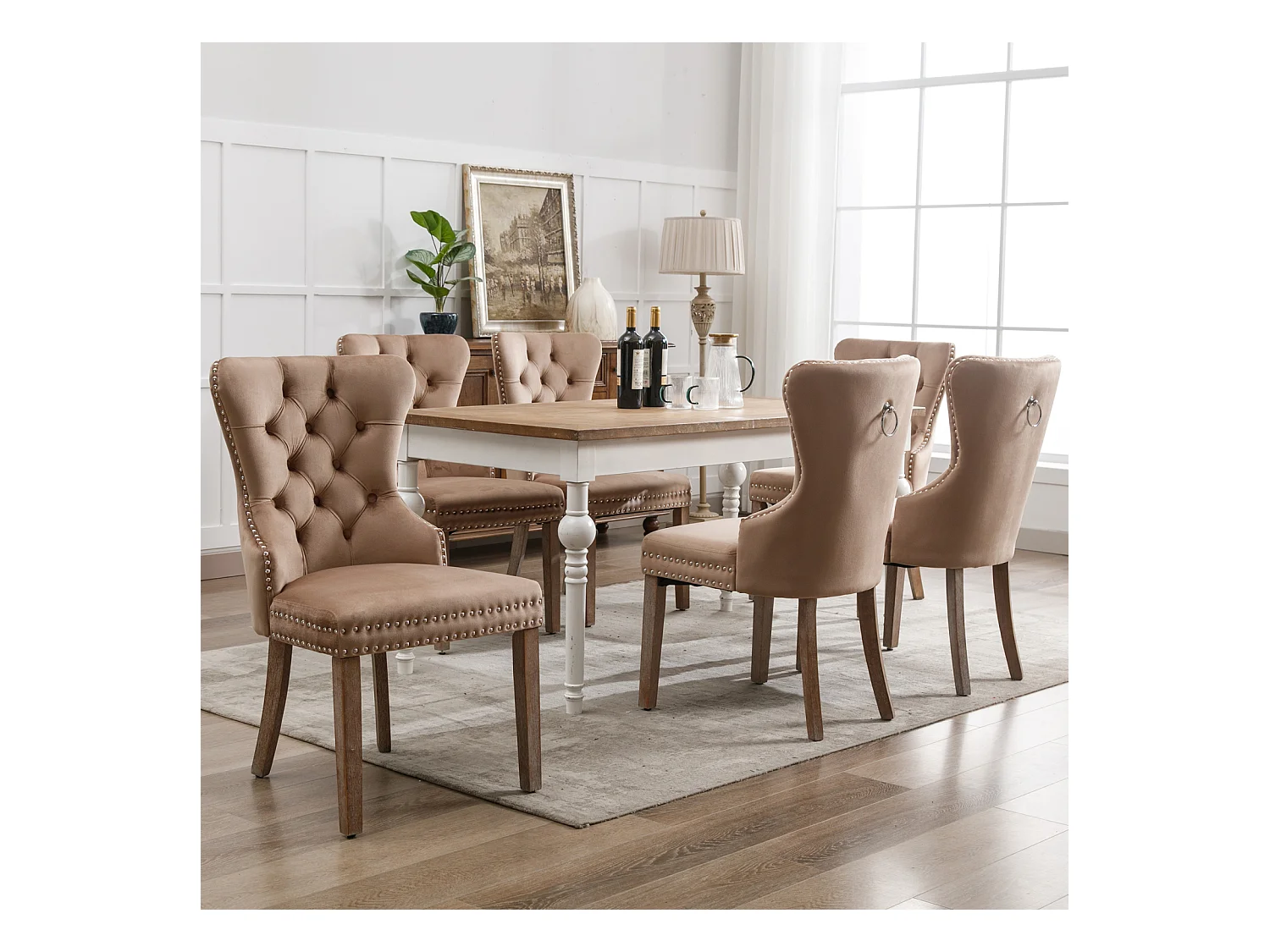 Conjunto de 6 cadeiras de jantar, cadeira estofada com acabamento em tachas, pernas de madeira maciça, capa de veludo, marrom, com design de aldrava