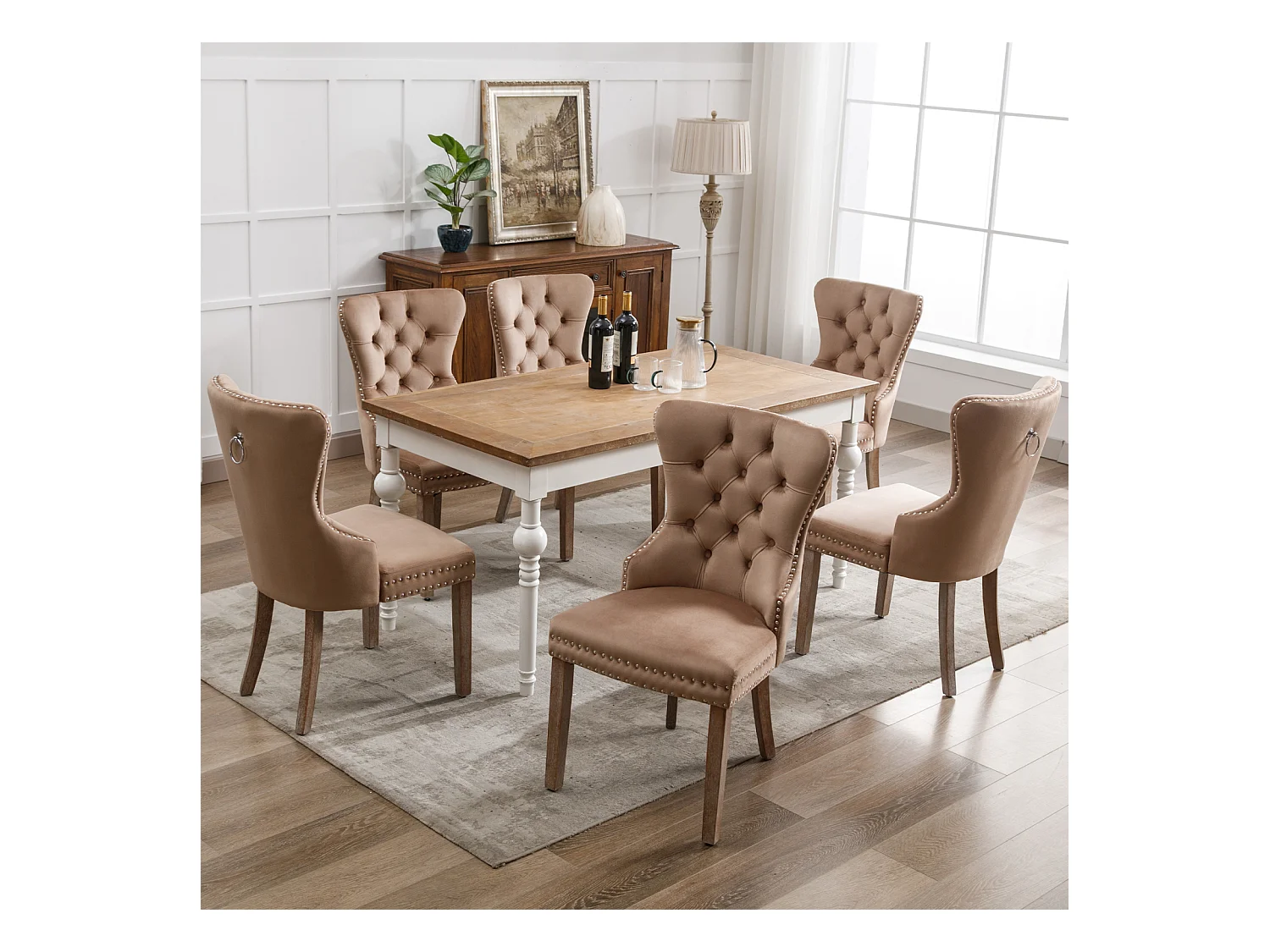 Conjunto de 6 cadeiras de jantar, cadeira estofada com acabamento em tachas, pernas de madeira maciça, capa de veludo, marrom, com design de aldrava