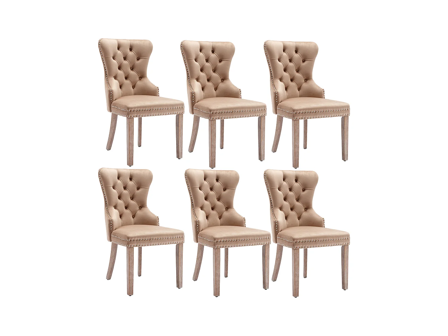 Conjunto de 6 cadeiras de jantar, cadeira estofada com acabamento em tachas, pernas de madeira maciça, capa de veludo, marrom, com design de aldrava