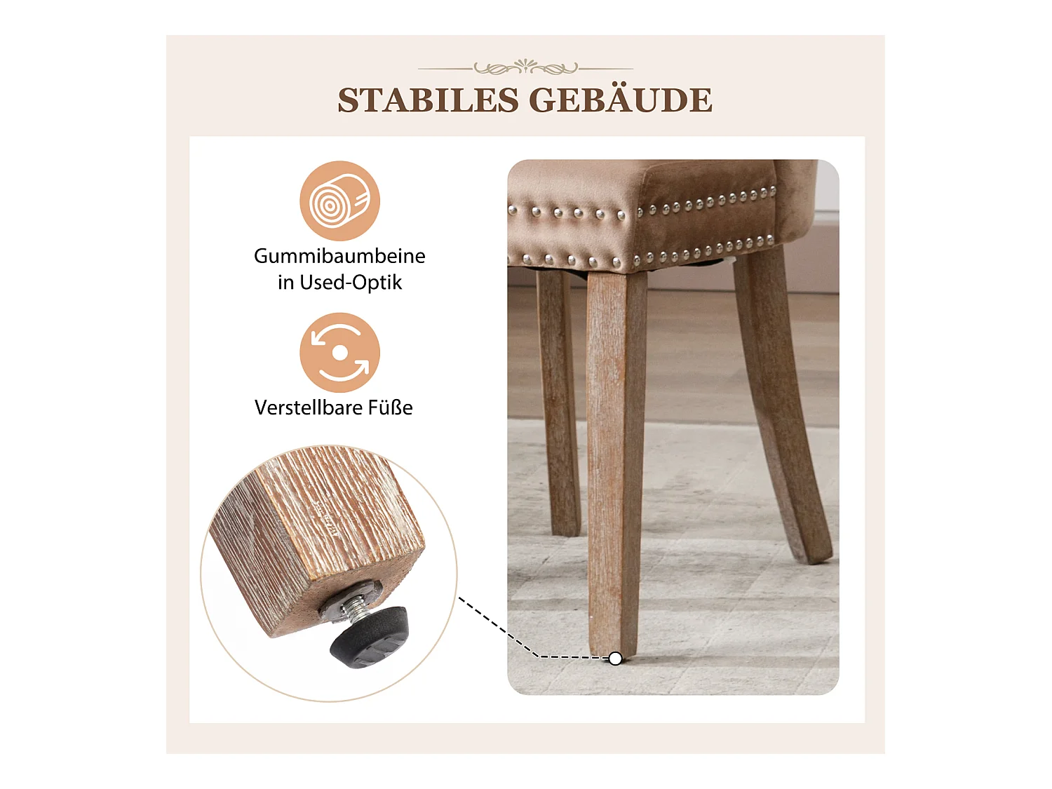 Conjunto de 6 cadeiras de jantar, cadeira estofada com acabamento em tachas, pernas de madeira maciça, capa de veludo, marrom, com design de aldrava