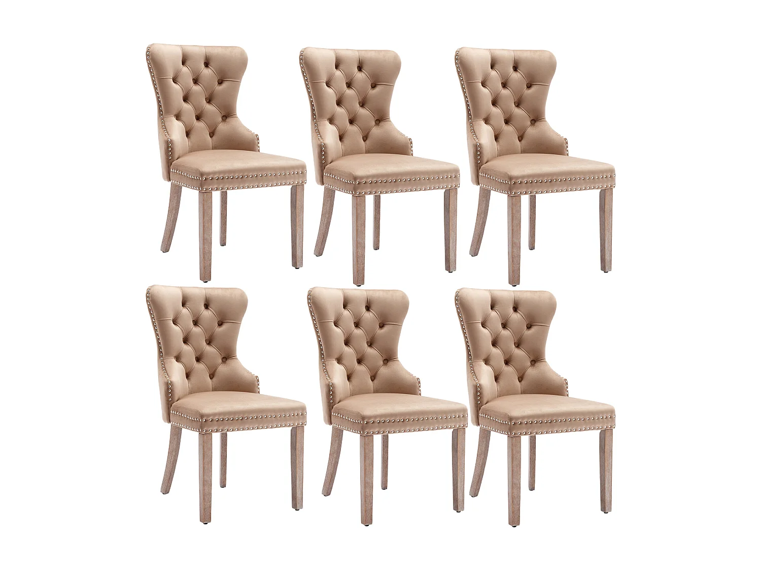 Conjunto de 6 cadeiras de jantar, cadeira estofada com acabamento em tachas, pernas de madeira maciça, capa de veludo, marrom, com design de aldrava