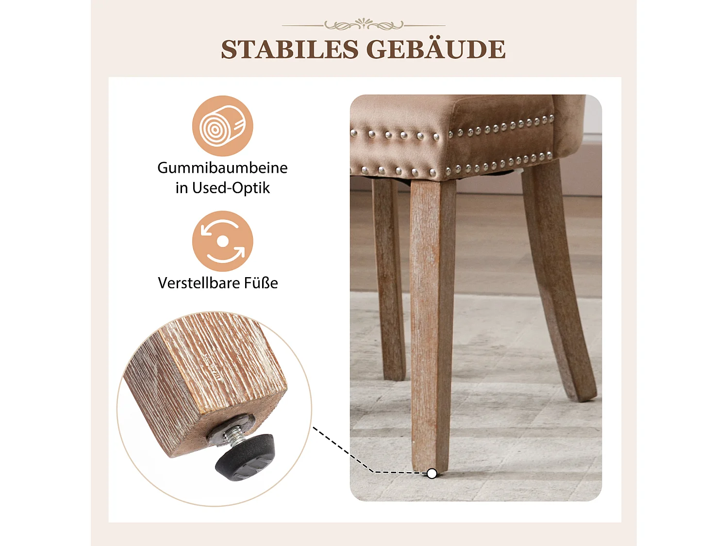 Ensemble de 6 chaises de salle à manger, chaise rembourrée avec garniture cloutée, pieds en bois massif, revêtement en velours, marron, avec motif heurtoir de porte