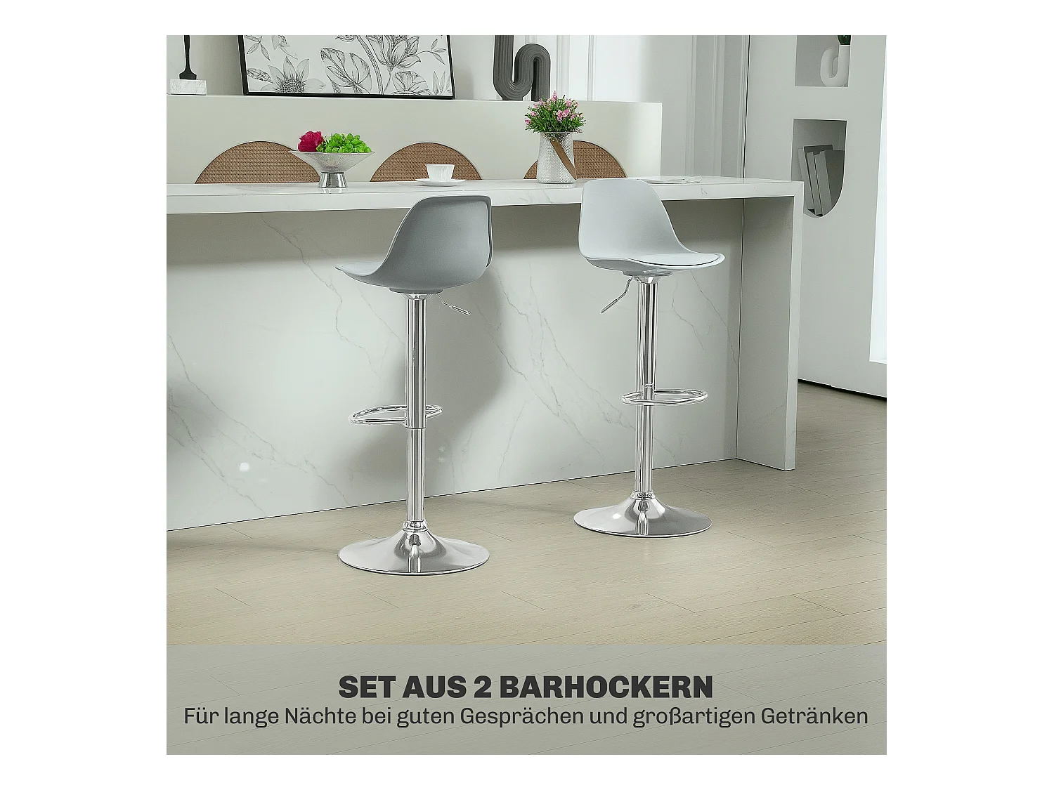 Lot de 2 tabourets de bar, rembourrés avec structure en acier, dossier, réglable en hauteur, avec repose-pieds, rotatif à 360°, simili cuir, gris