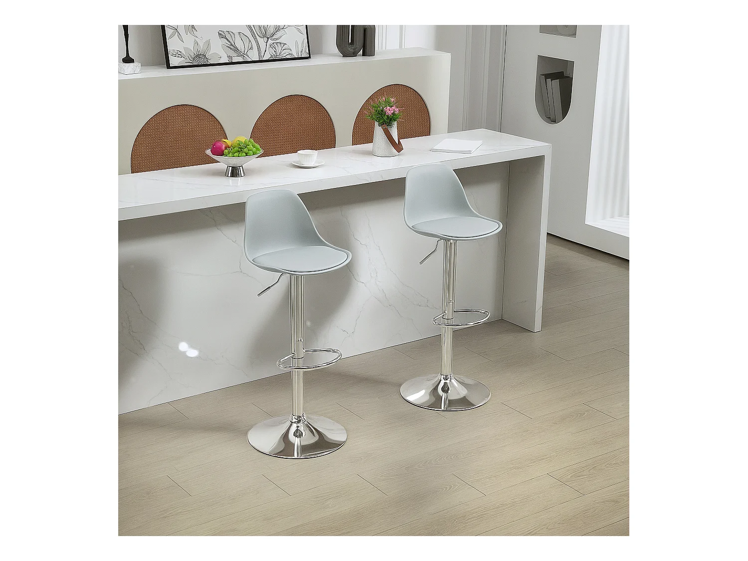 Lot de 2 tabourets de bar, rembourrés avec structure en acier, dossier, réglable en hauteur, avec repose-pieds, rotatif à 360°, simili cuir, gris
