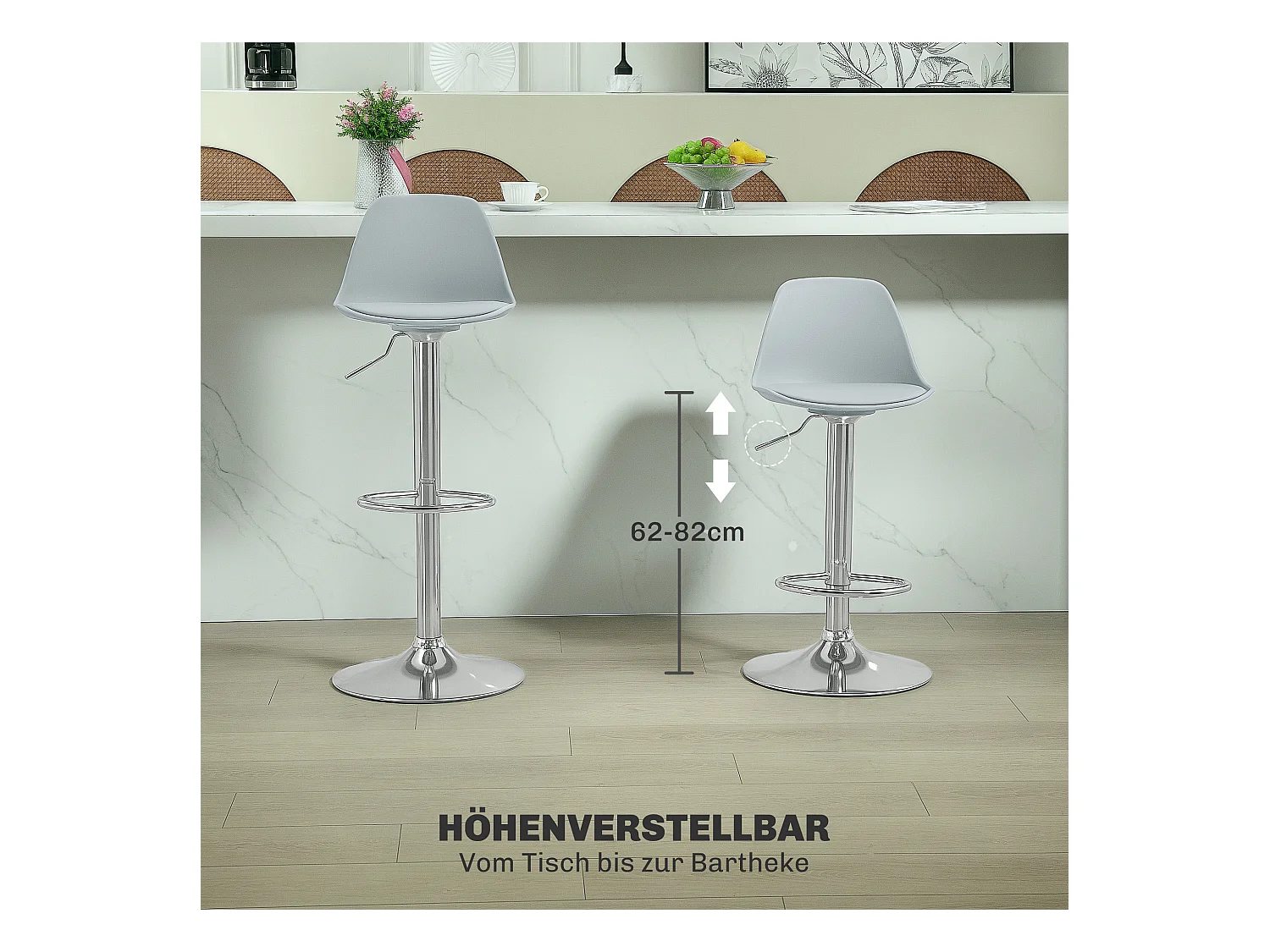 Lot de 2 tabourets de bar, rembourrés avec structure en acier, dossier, réglable en hauteur, avec repose-pieds, rotatif à 360°, simili cuir, gris