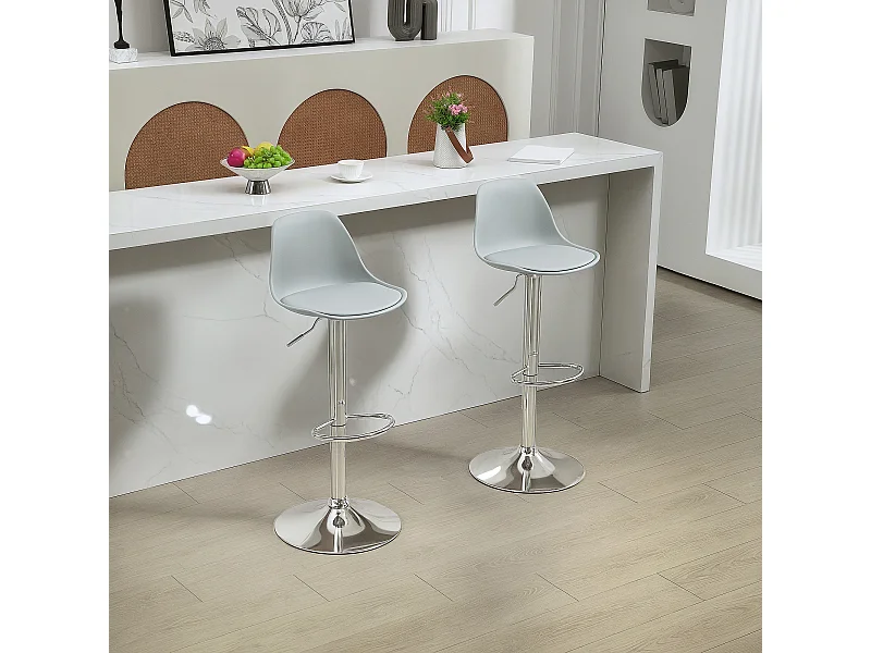 Set di 2 sgabelli da bar, imbottiti con struttura in acciaio, schienale regolabile in altezza, con poggiapiedi, girevole a 360°, similpelle, grigio