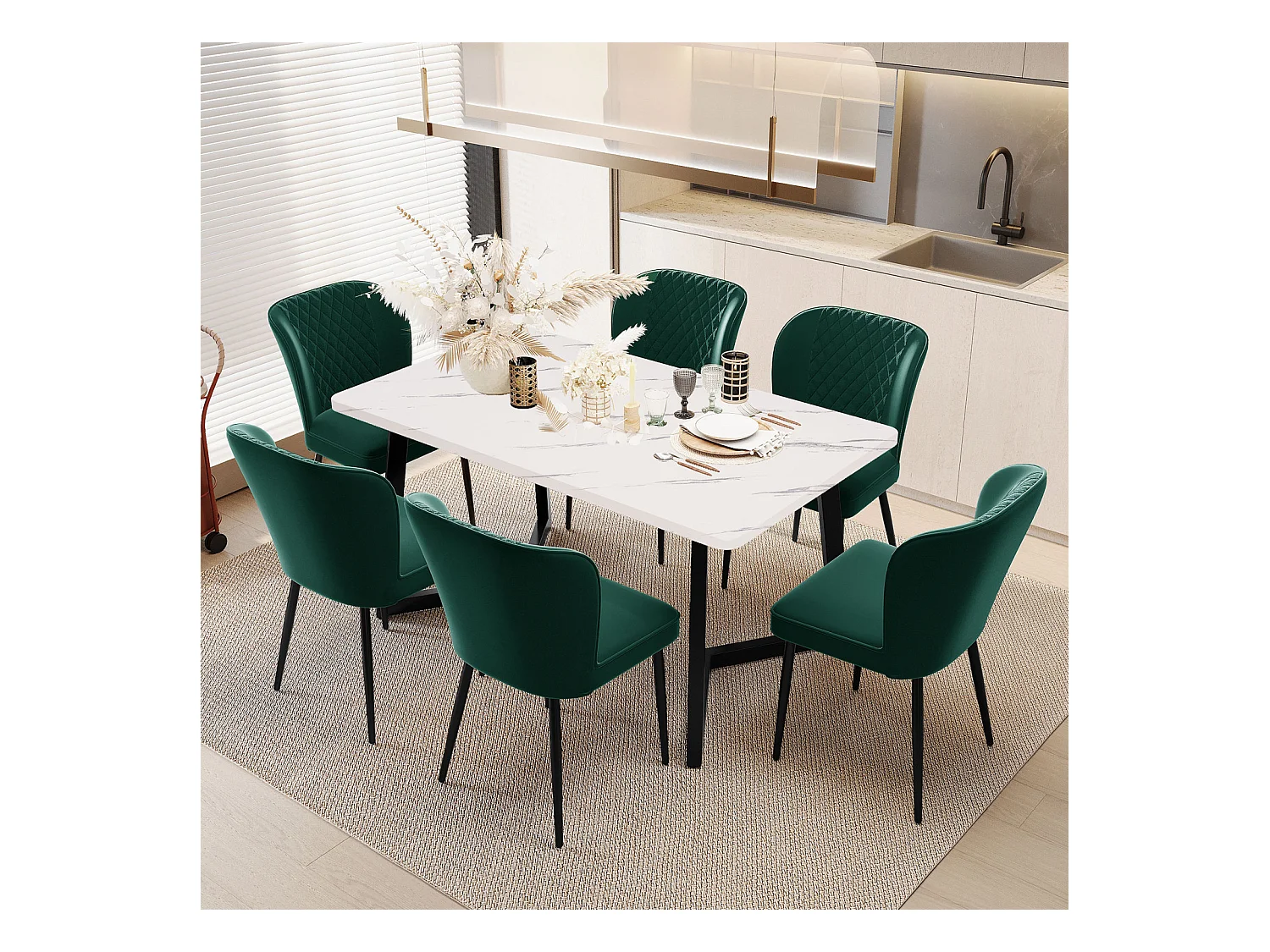 Ensemble de 6 chaises de salle à manger, vert foncé, design de chaise rembourrée avec dossier, velours, structure en métal