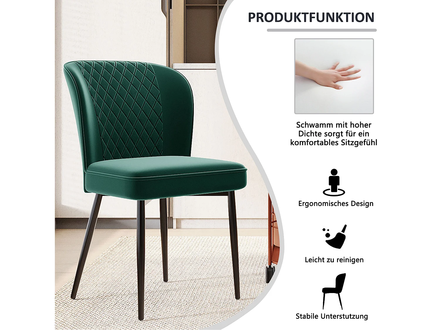 Ensemble de 6 chaises de salle à manger, vert foncé, design de chaise rembourrée avec dossier, velours, structure en métal