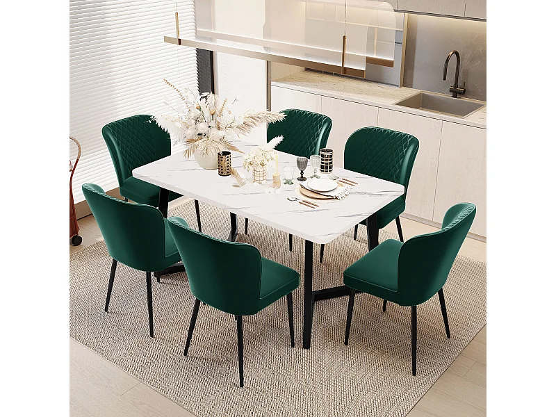 Ensemble de 6 chaises de salle à manger, vert foncé, design de chaise rembourrée avec dossier, velours, structure en métal