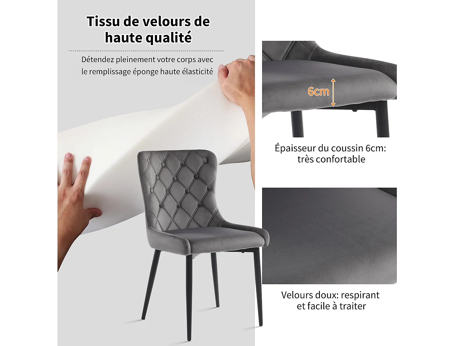 Lot de 6 chaises de salle à manger avec dossier, chaise de cuisine avec revêtement en velours, chaise rembourrée en métal, pieds en fer noir, gris foncé
