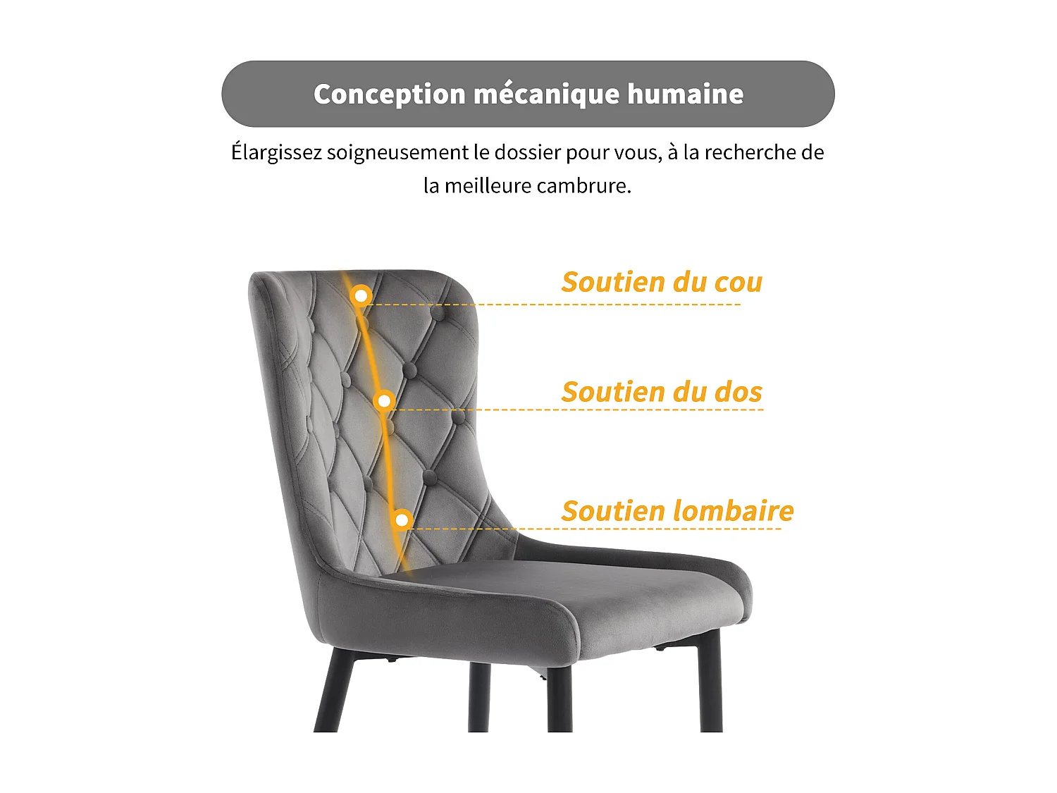 Lot de 6 chaises de salle à manger avec dossier, chaise de cuisine avec revêtement en velours, chaise rembourrée en métal, pieds en fer noir, gris foncé