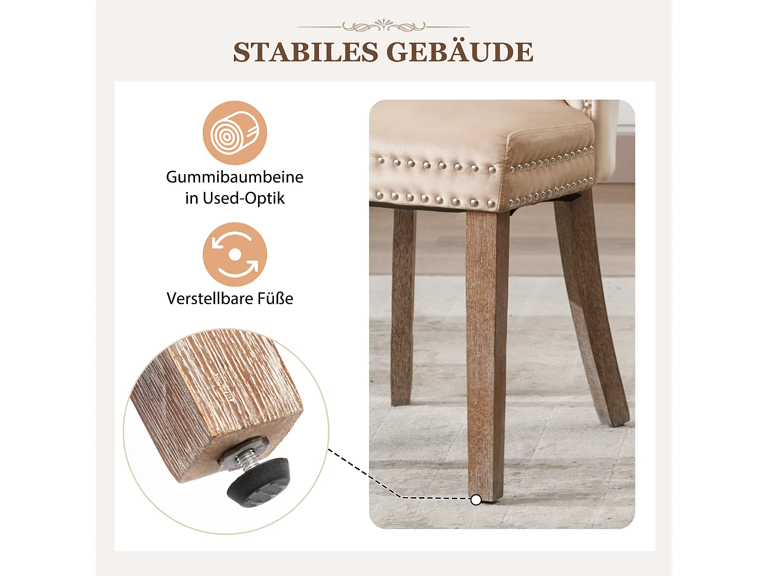 Juego de 2 sillas de comedor, tapizadas con ribete de tachuelas, patas de madera maciza, funda de terciopelo, color beige, con diseño de aldaba.