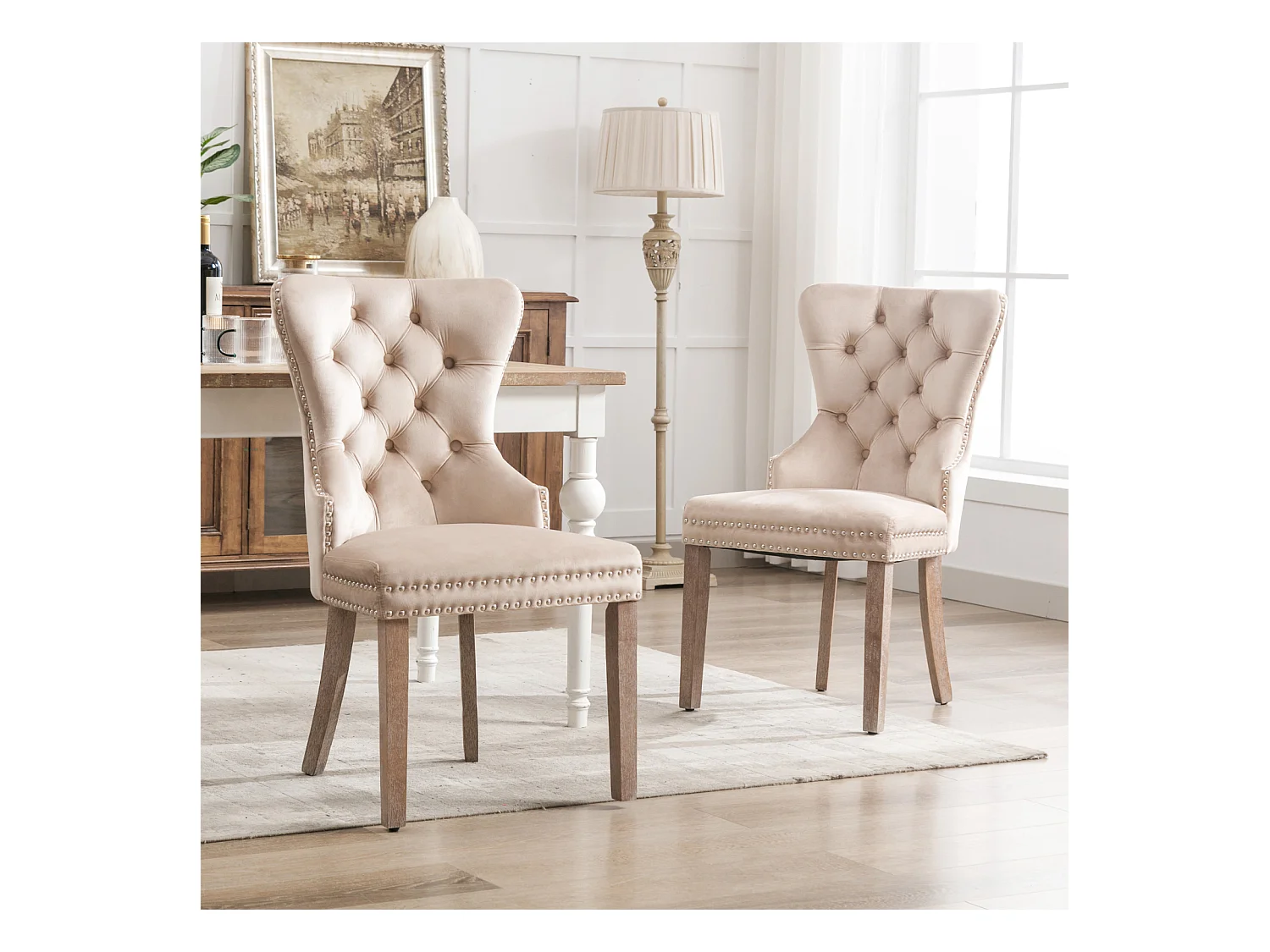 Ensemble de 2 chaises de salle à manger, chaise rembourrée avec garniture cloutée, pieds en bois massif, revêtement en velours, beige, avec motif heurtoir de porte