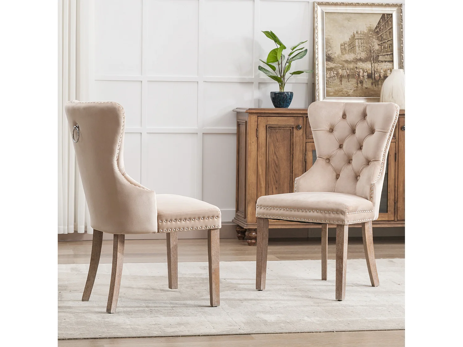 Ensemble de 2 chaises de salle à manger, chaise rembourrée avec garniture cloutée, pieds en bois massif, revêtement en velours, beige, avec motif heurtoir de porte