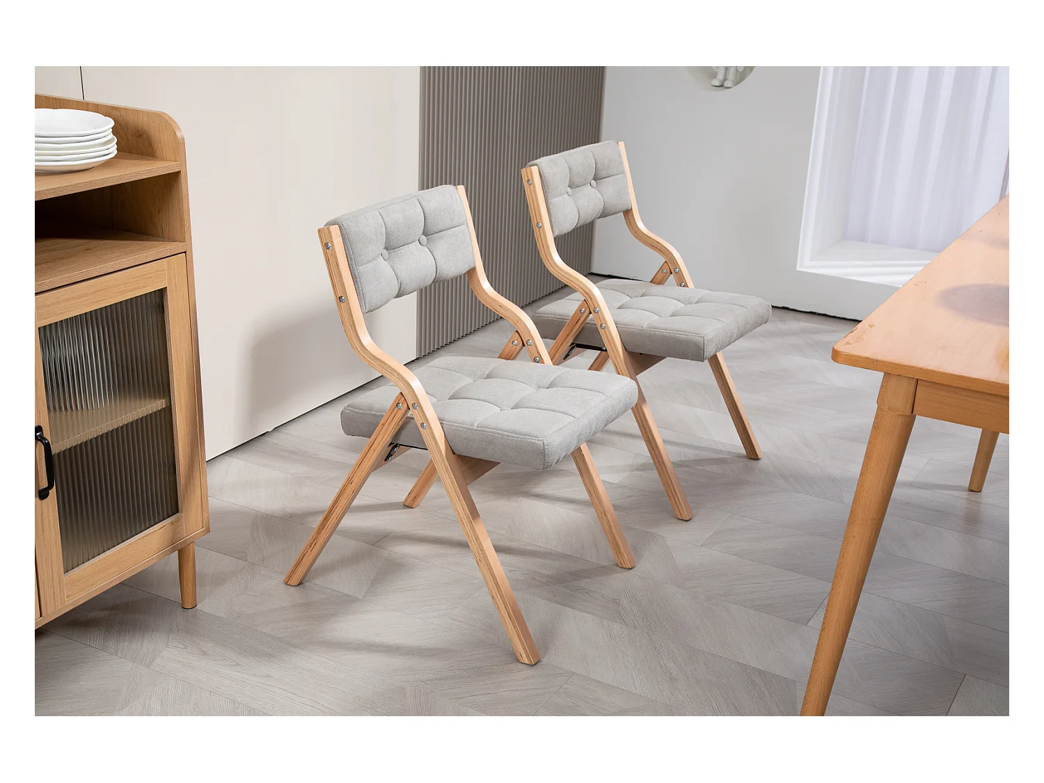 Opvouwbare stoelen met kussens, set van 2, houten opvouwbare stoelen met kussens, draagbaar, gemonteerd, grijs
