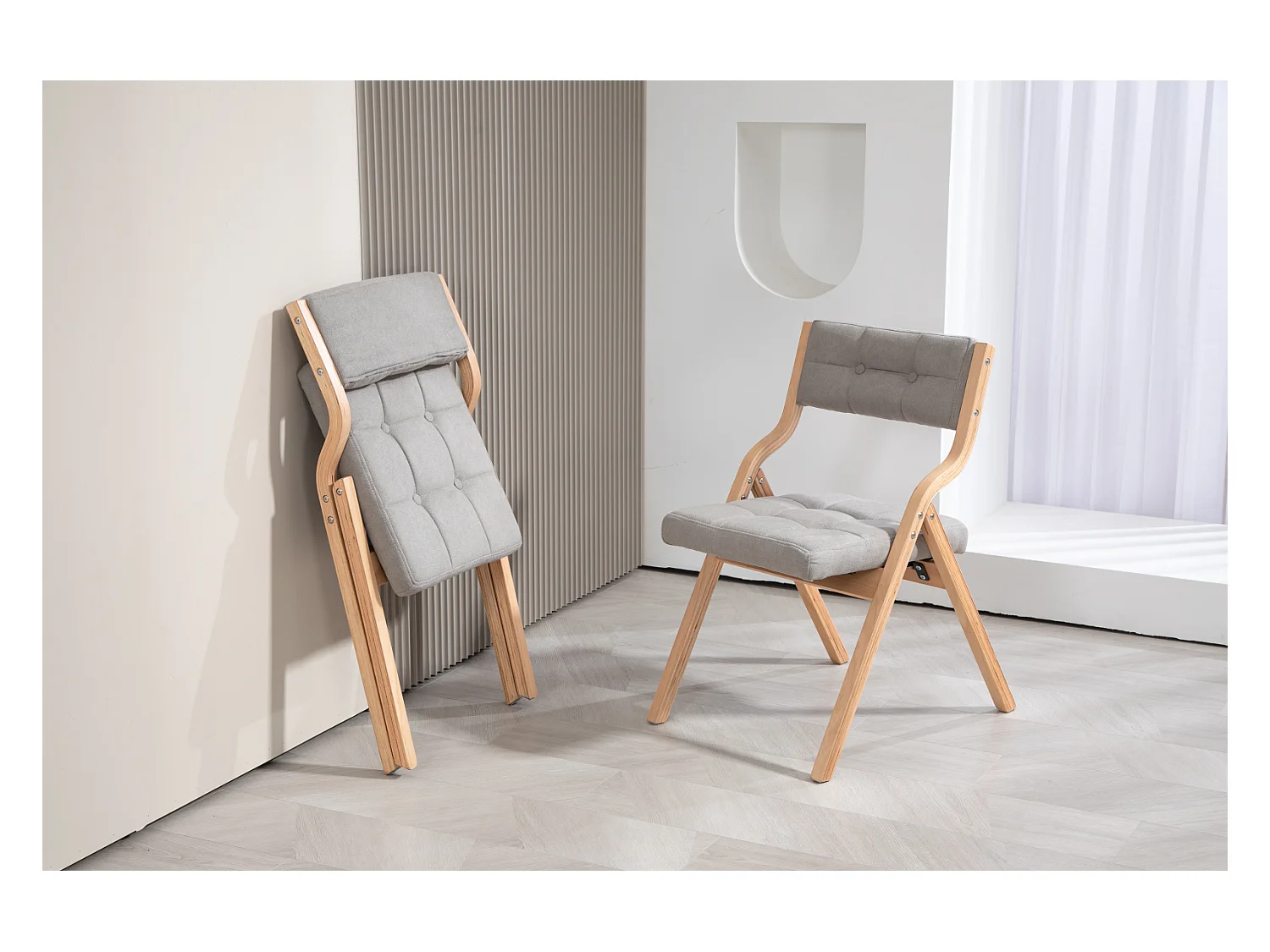 Opvouwbare stoelen met kussens, set van 2, houten opvouwbare stoelen met kussens, draagbaar, gemonteerd, grijs