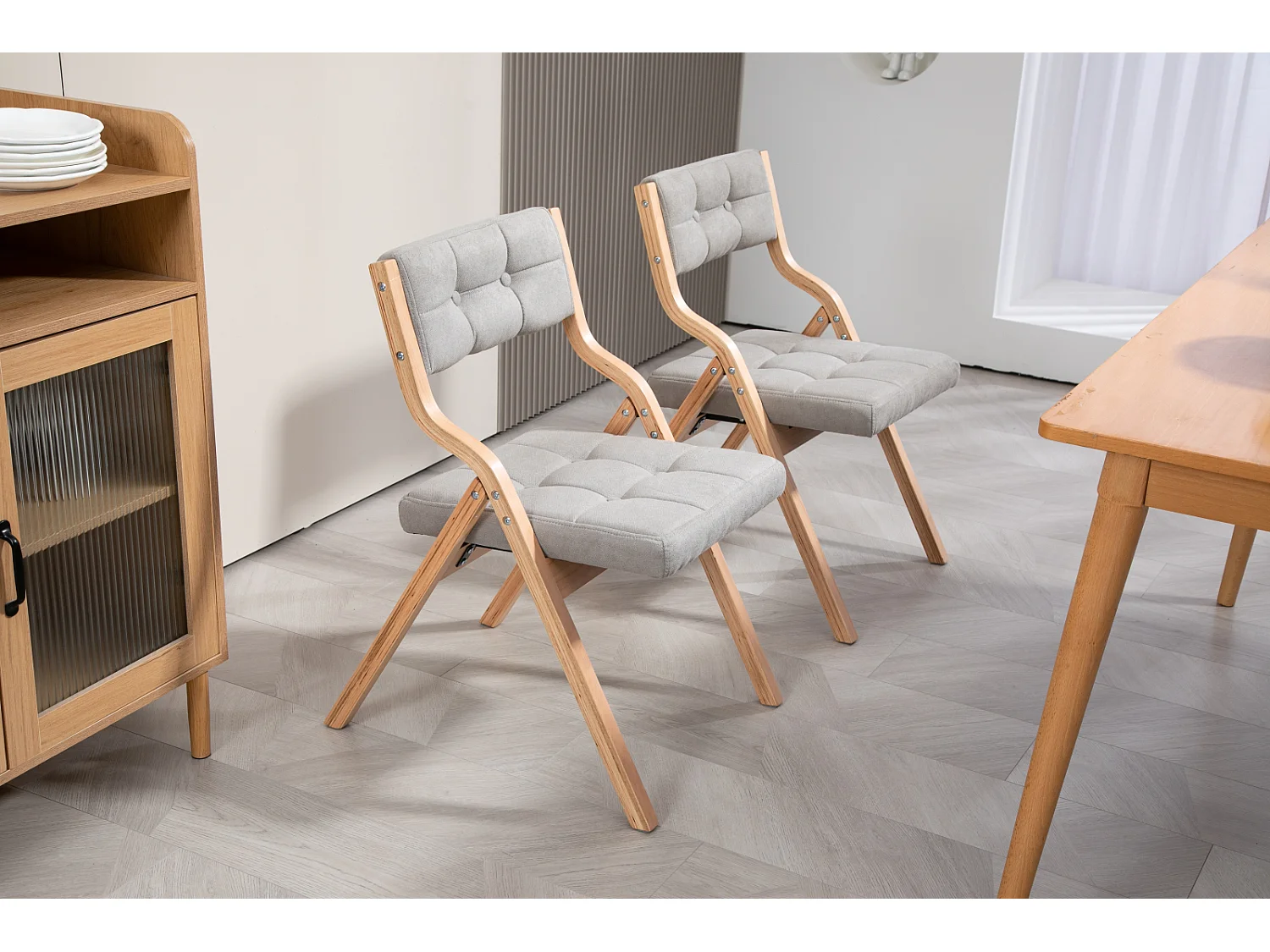 Cadeiras dobráveis com almofadas, conjunto de 2, cadeiras dobráveis acolchoadas de madeira, portáteis, montadas, cinza