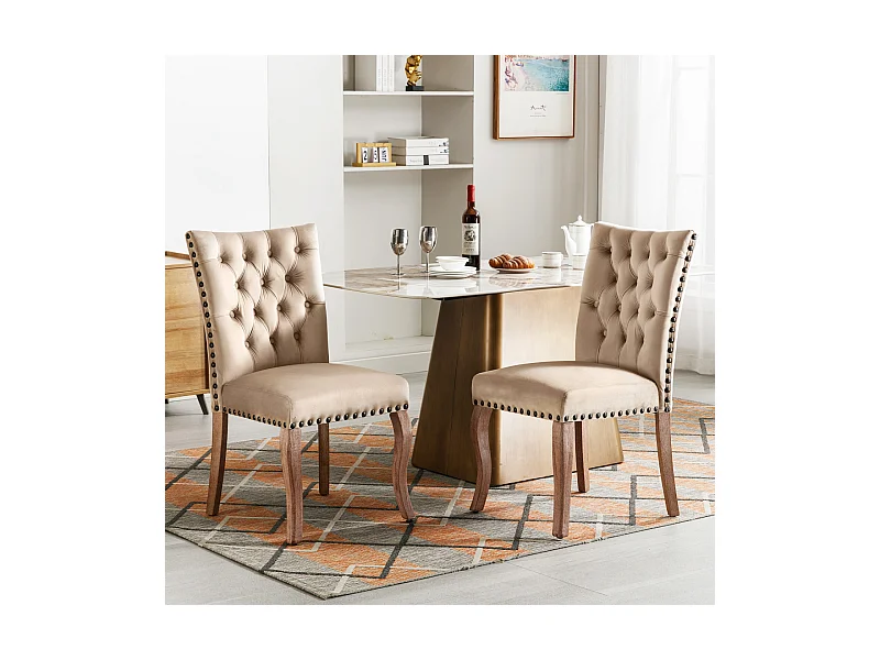 Esszimmerstuhl 2er-Set, Polsterstuhl mit Nagelkopfbesatz, Massivholz-Beinen, Samtbezug, Helles Kamel, mit Türklopfer-Design