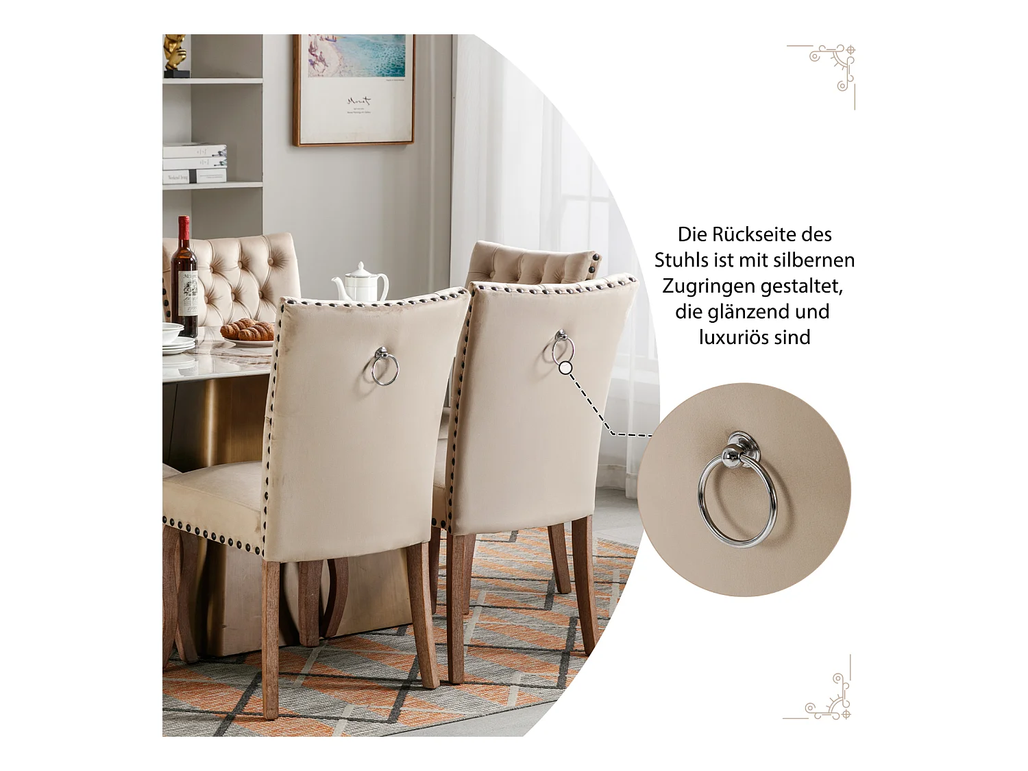 Esszimmerstuhl 2er-Set, Polsterstuhl mit Nagelkopfbesatz, Massivholz-Beinen, Samtbezug, Helles Kamel, mit Türklopfer-Design