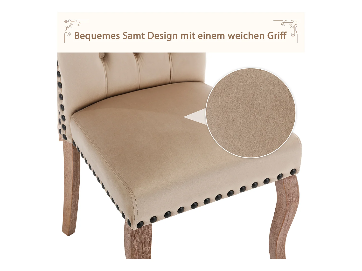 Esszimmerstuhl 2er-Set, Polsterstuhl mit Nagelkopfbesatz, Massivholz-Beinen, Samtbezug, Helles Kamel, mit Türklopfer-Design