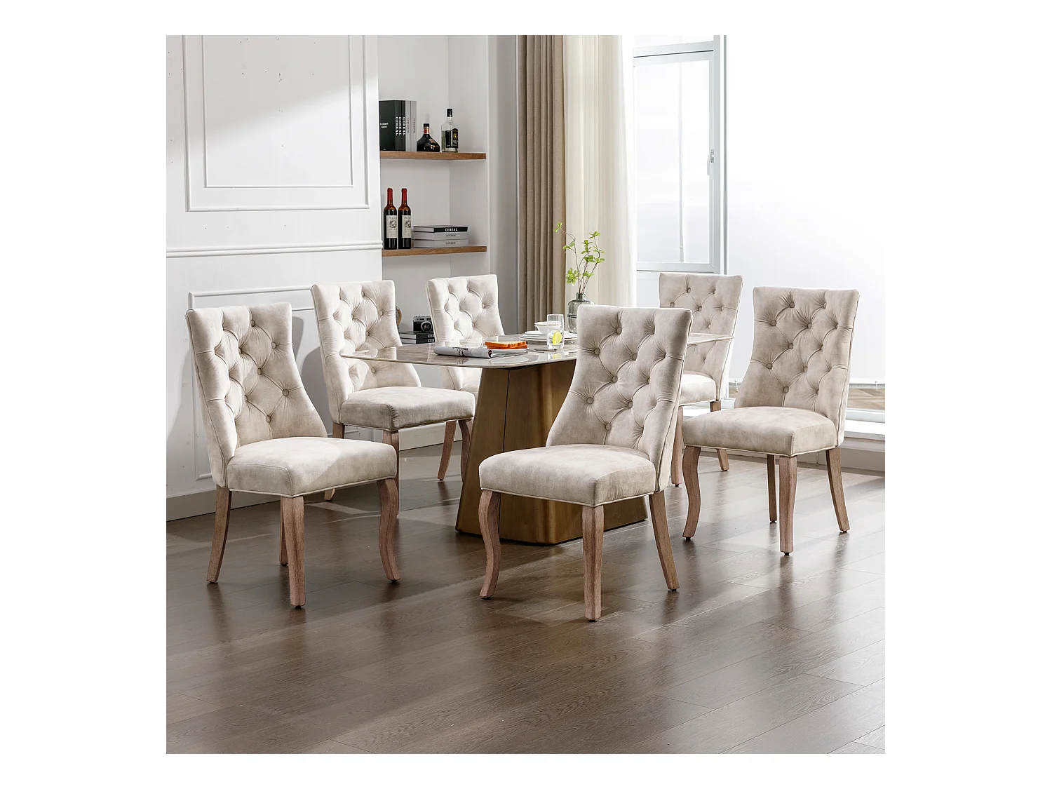 Ensemble de 6 chaises de salle à manger, velours beige clair, dossier haut, avec surpiqûres boutonnées, structure en bois massif