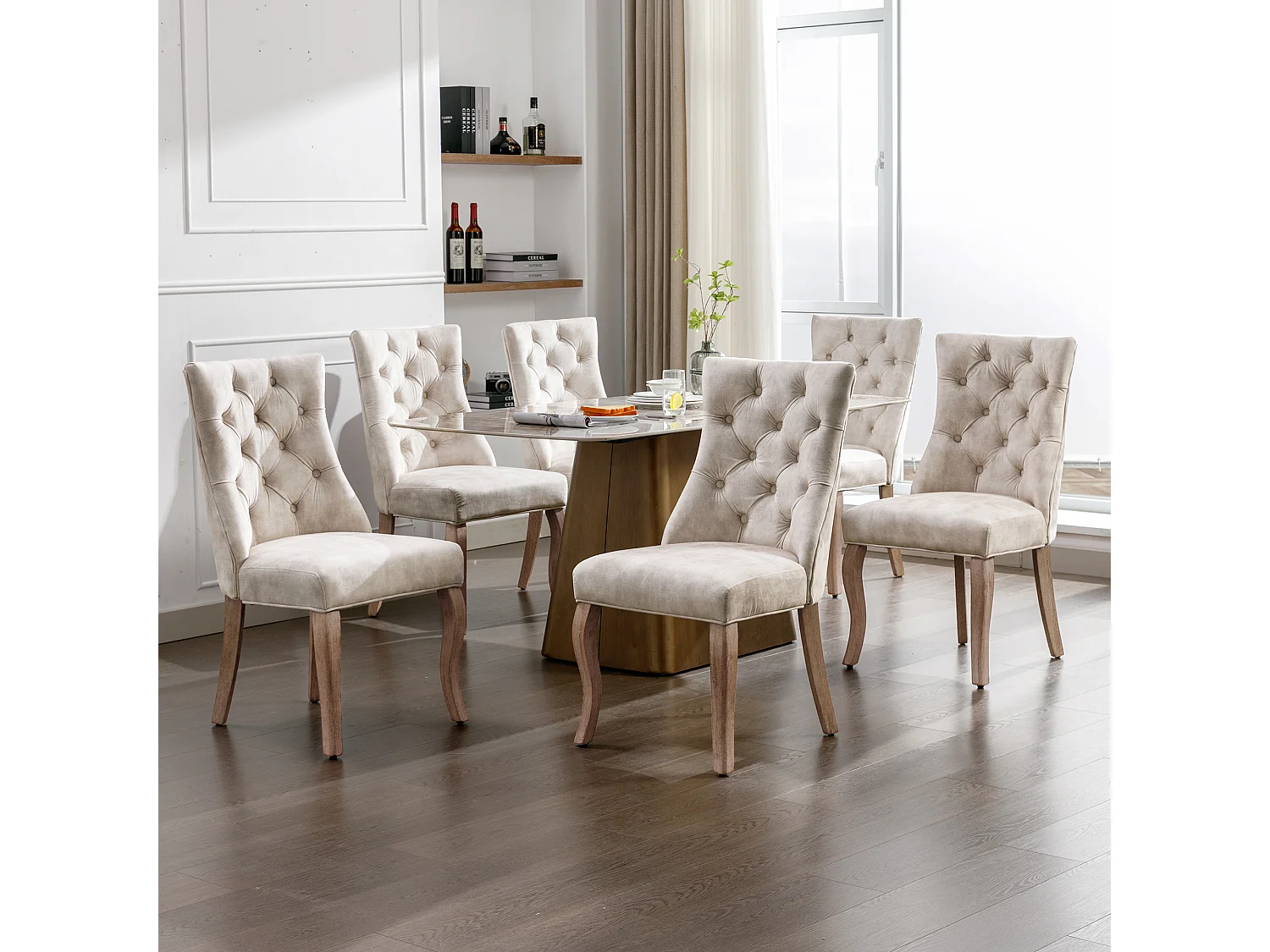 Ensemble de 6 chaises de salle à manger, velours beige clair, dossier haut, avec surpiqûres boutonnées, structure en bois massif