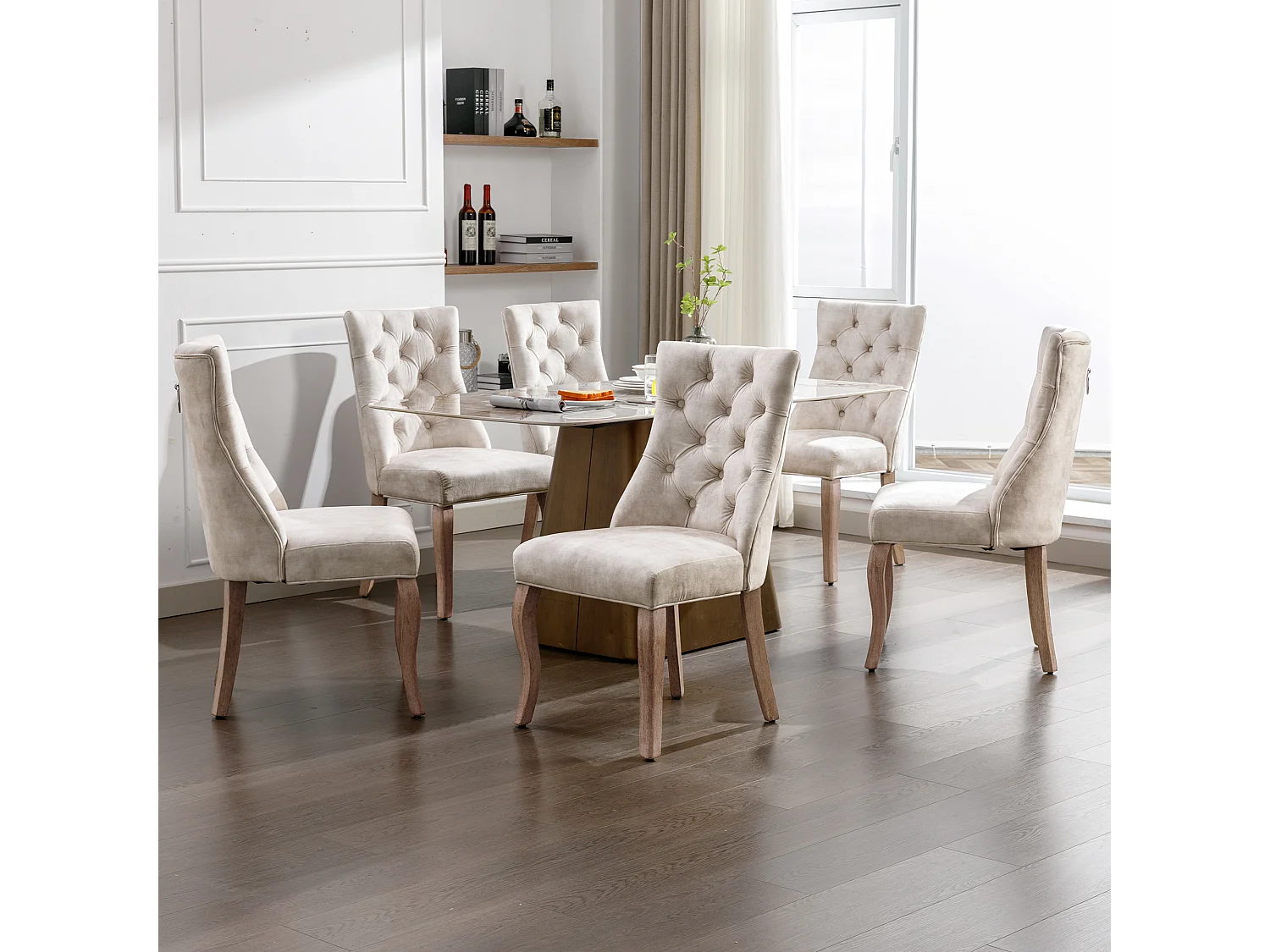 Ensemble de 6 chaises de salle à manger, velours beige clair, dossier haut, avec surpiqûres boutonnées, structure en bois massif