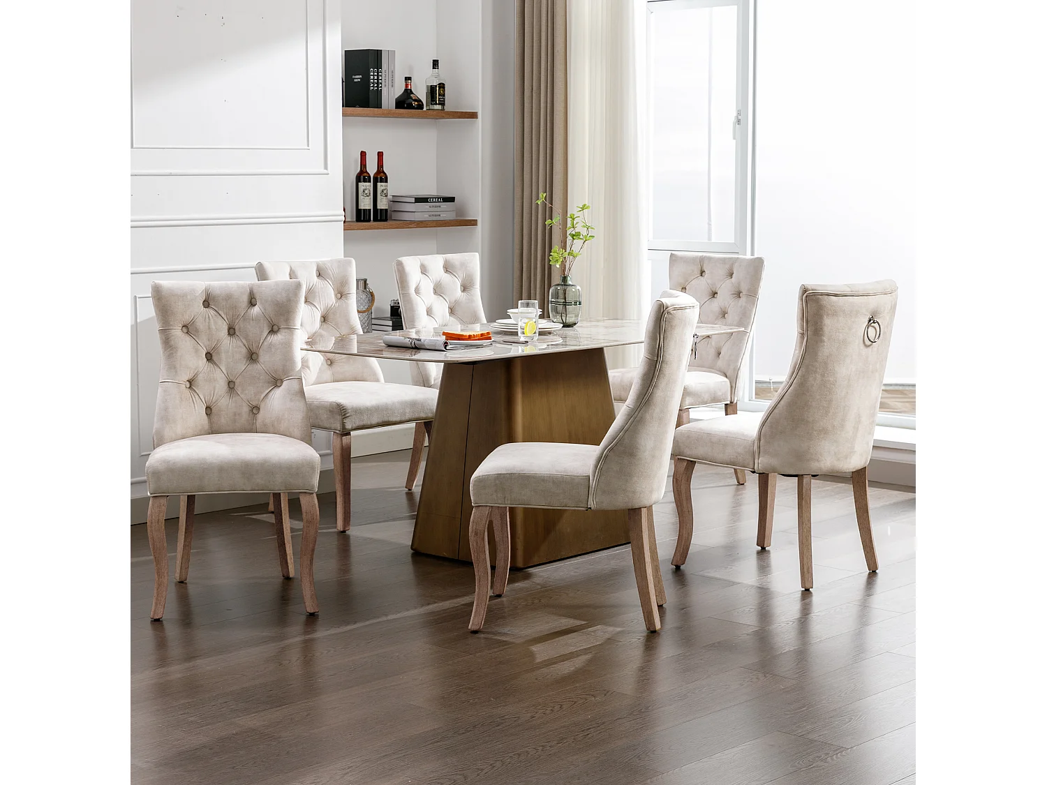 Ensemble de 6 chaises de salle à manger, velours beige clair, dossier haut, avec surpiqûres boutonnées, structure en bois massif