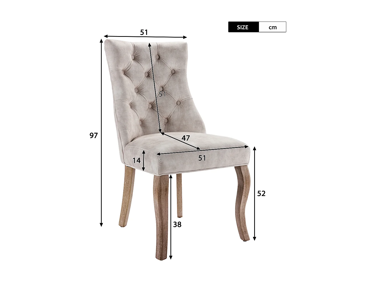 Ensemble de 6 chaises de salle à manger, velours beige clair, dossier haut, avec surpiqûres boutonnées, structure en bois massif