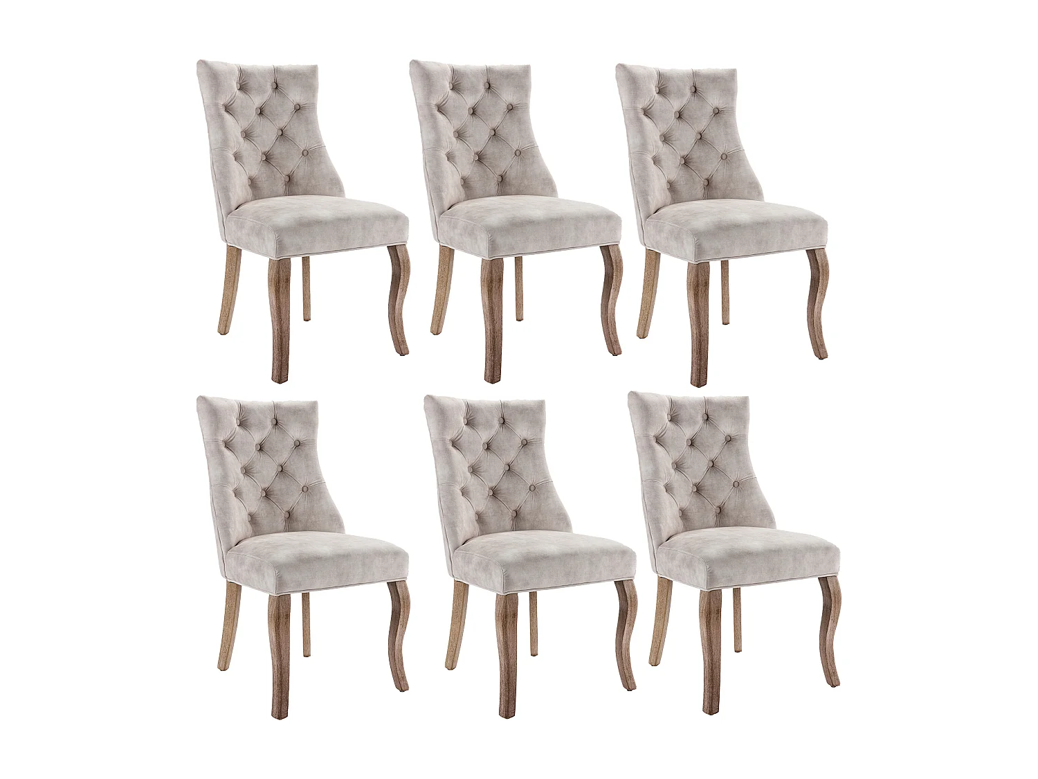 Ensemble de 6 chaises de salle à manger, velours beige clair, dossier haut, avec surpiqûres boutonnées, structure en bois massif