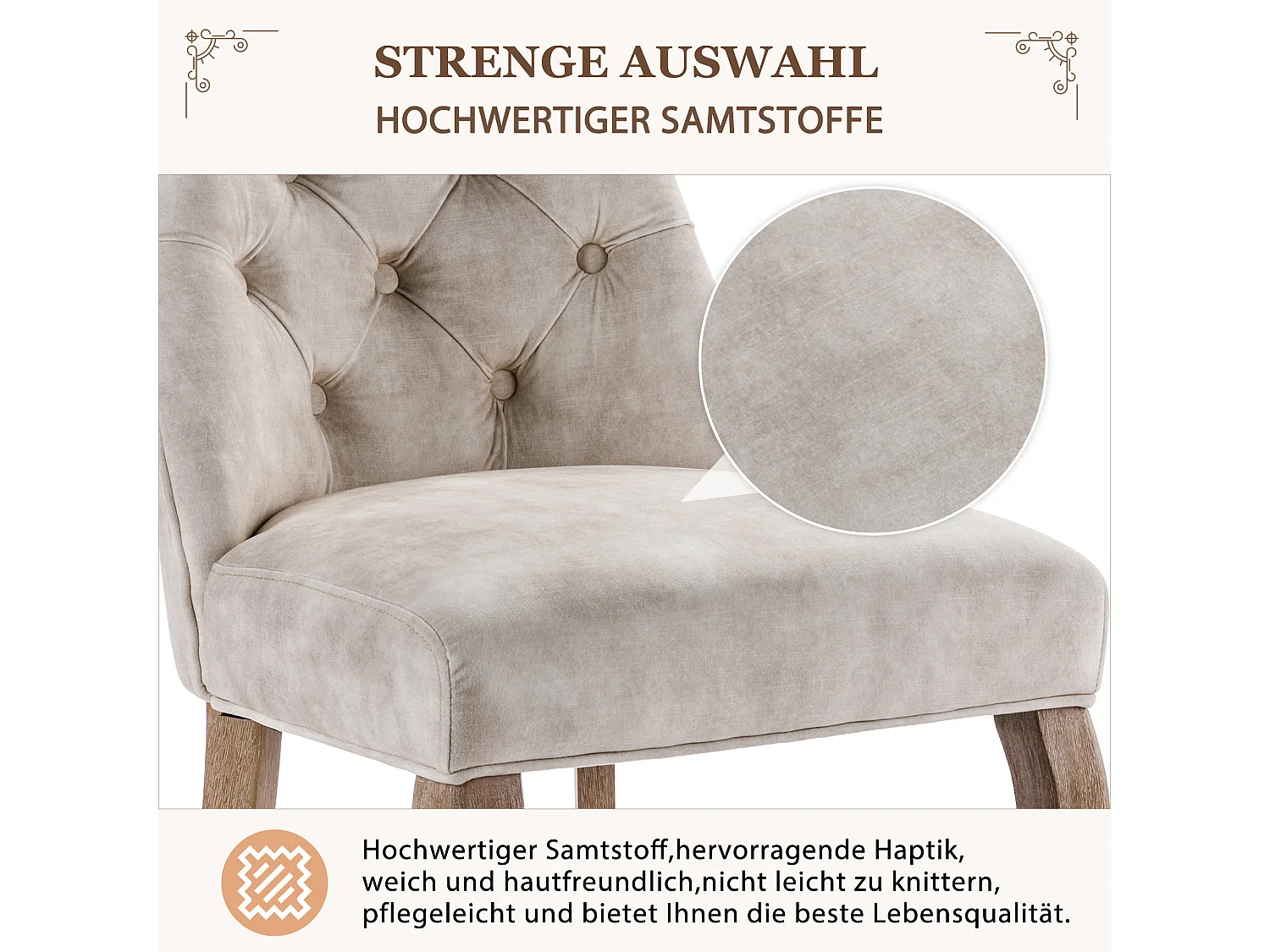 Ensemble de 6 chaises de salle à manger, velours beige clair, dossier haut, avec surpiqûres boutonnées, structure en bois massif