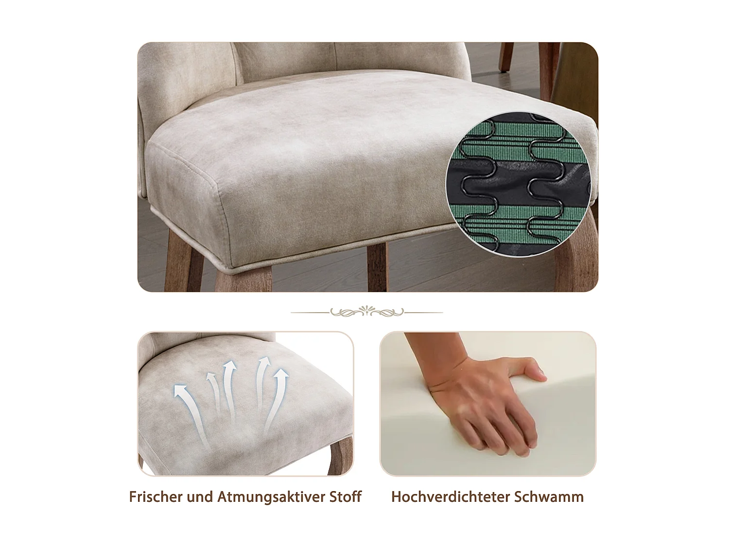 Ensemble de 6 chaises de salle à manger, velours beige clair, dossier haut, avec surpiqûres boutonnées, structure en bois massif