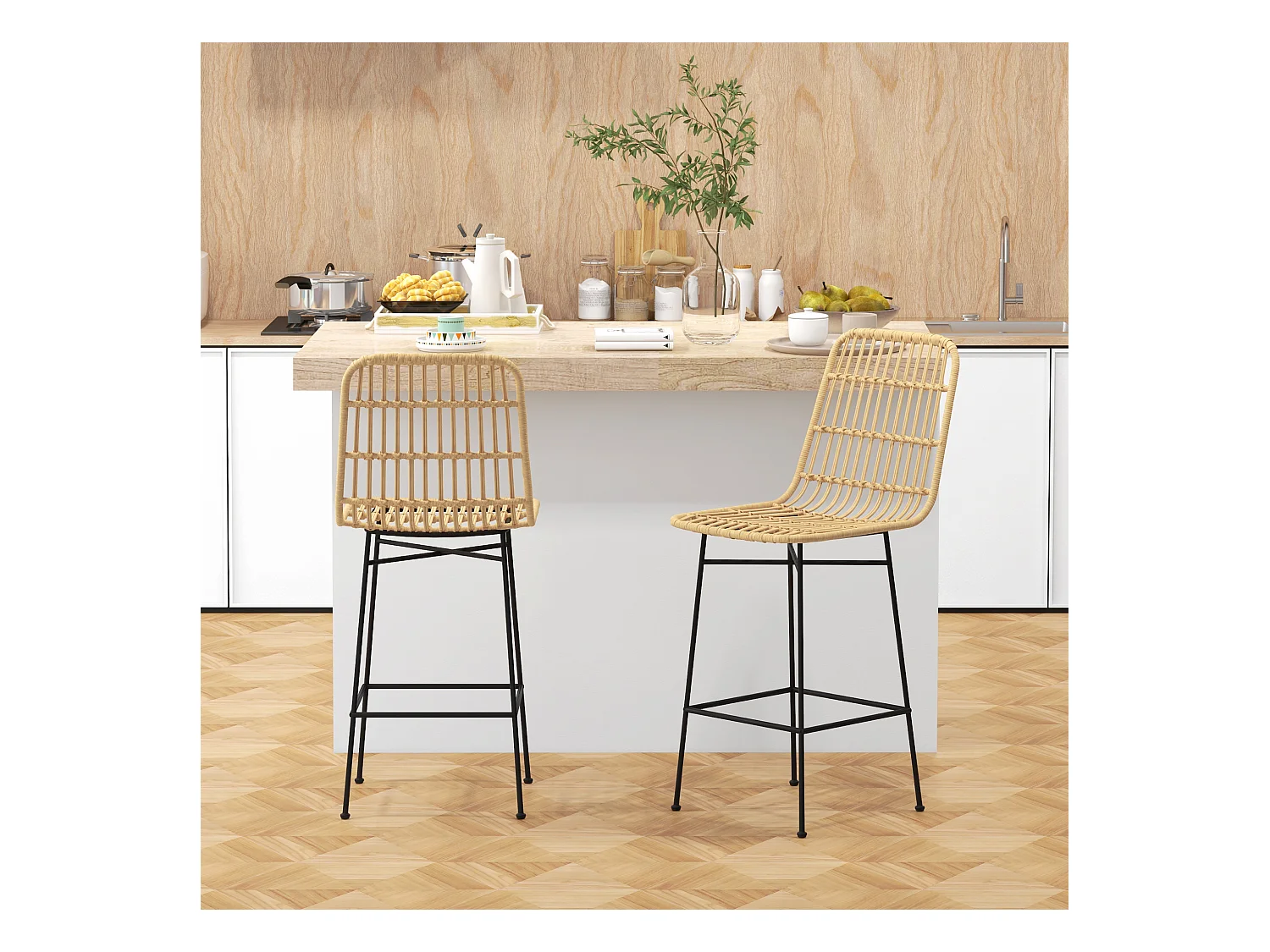 Lot de 2 tabourets de bar en rotin de style bohème avec dossier, acier, naturel et noir