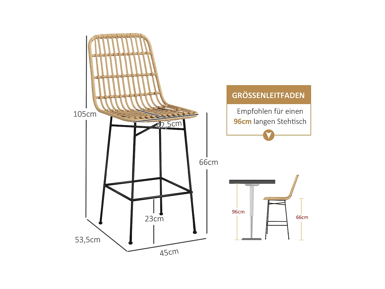 Barhocker 2er-Set, Boho-Stil aus Rattan mit Rückenlehne, Stahl, Natur & Schwarz