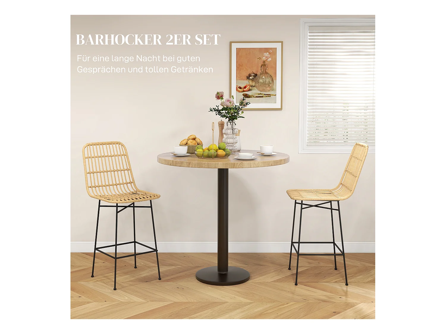 Barhocker 2er-Set, Boho-Stil aus Rattan mit Rückenlehne, Stahl, Natur & Schwarz