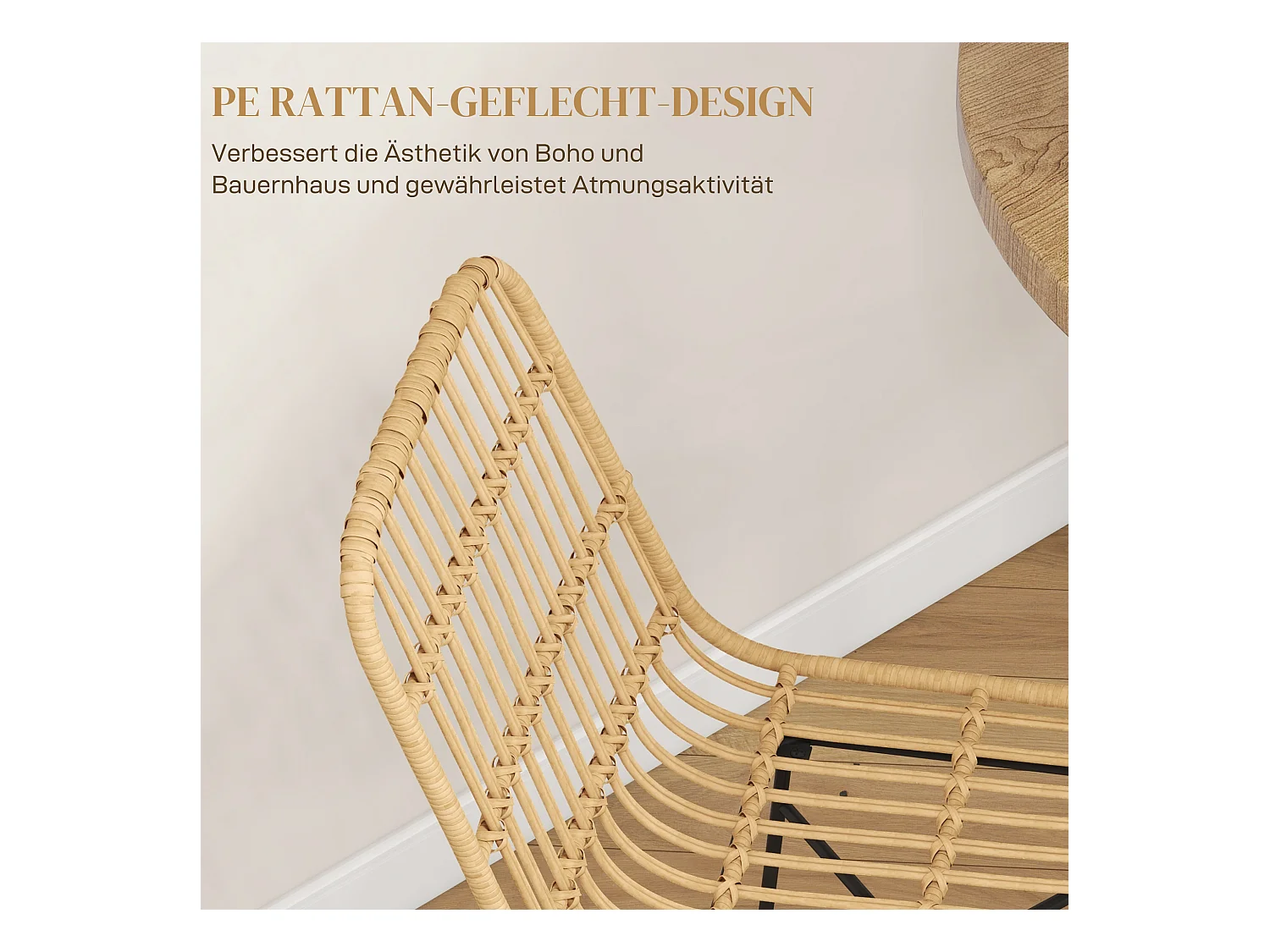 Barhocker 2er-Set, Boho-Stil aus Rattan mit Rückenlehne, Stahl, Natur & Schwarz