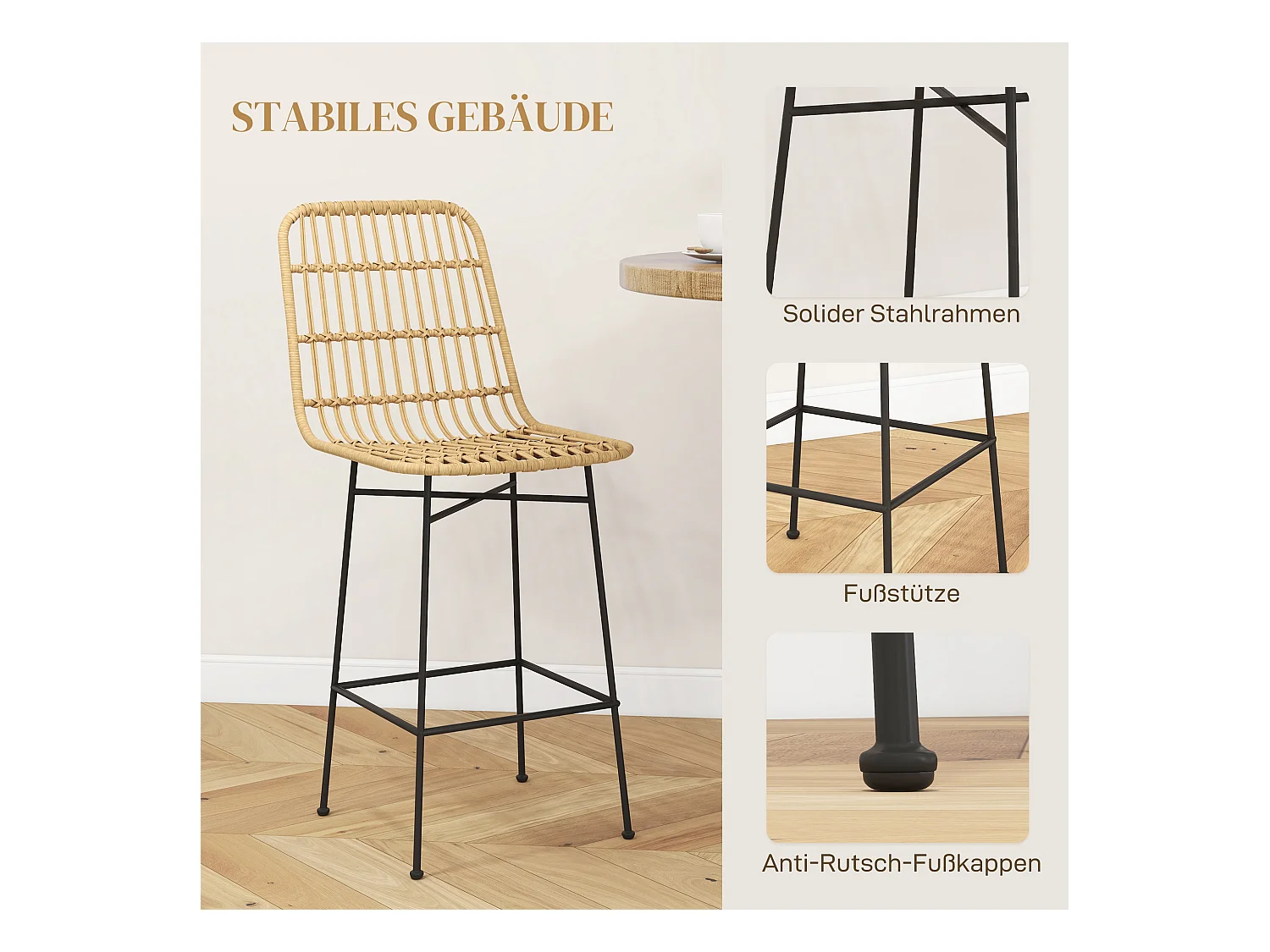 Barhocker 2er-Set, Boho-Stil aus Rattan mit Rückenlehne, Stahl, Natur & Schwarz