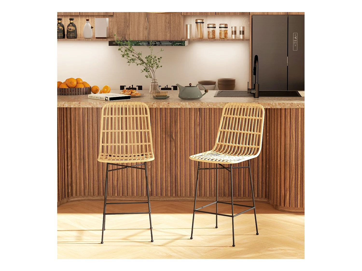 Barhocker 2er-Set, Boho-Stil aus Rattan mit Rückenlehne, Stahl, Natur & Schwarz