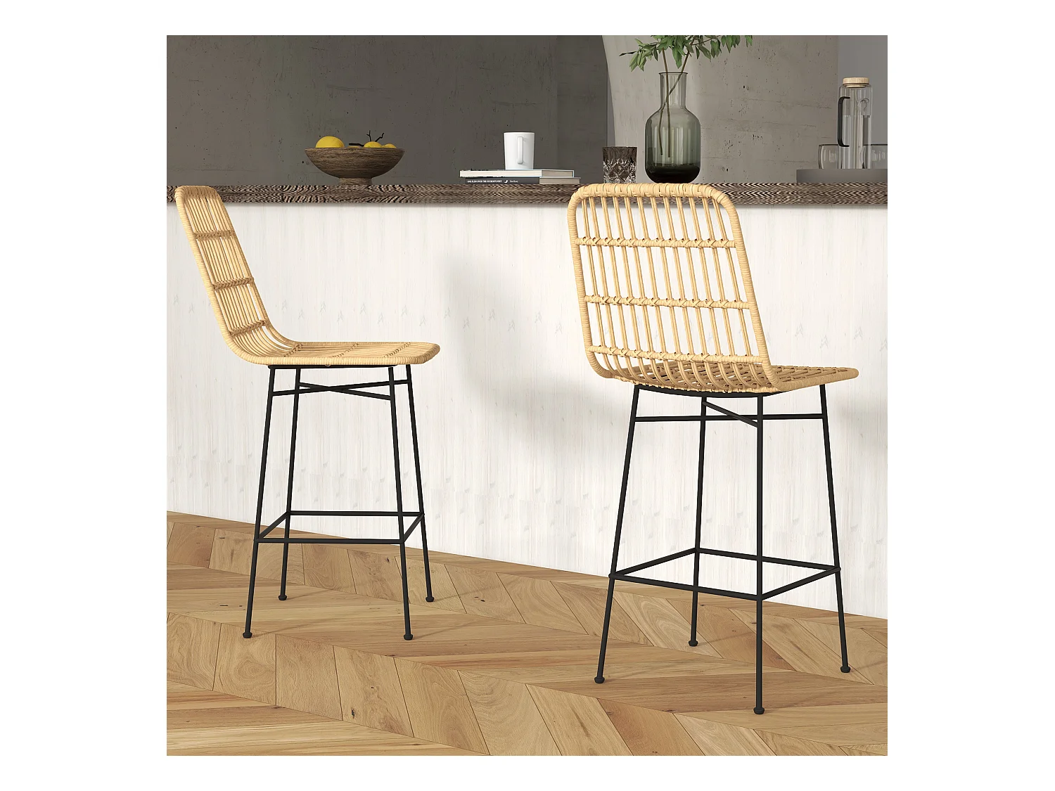 Barhocker 2er-Set, Boho-Stil aus Rattan mit Rückenlehne, Stahl, Natur & Schwarz