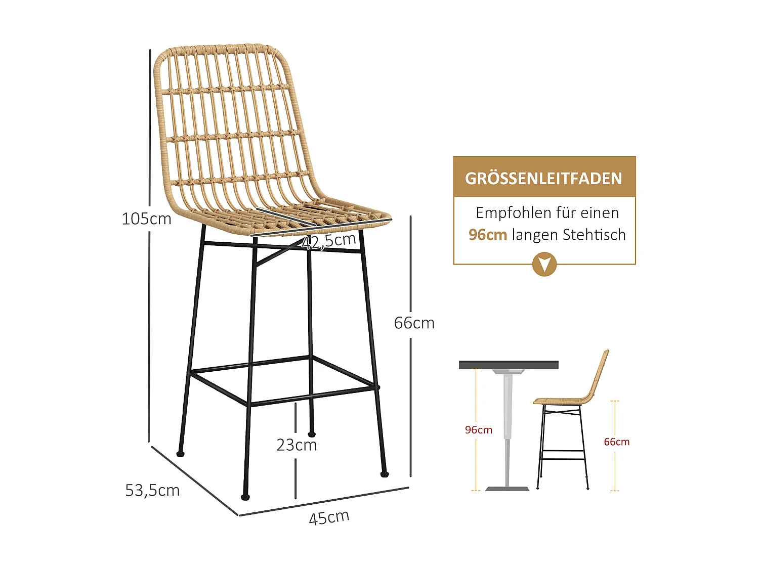 Lot de 2 tabourets de bar en rotin de style bohème avec dossier, acier, naturel et noir