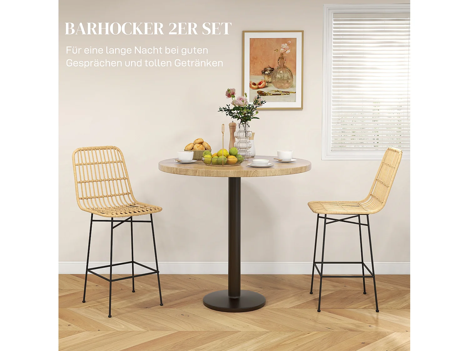 Lot de 2 tabourets de bar en rotin de style bohème avec dossier, acier, naturel et noir