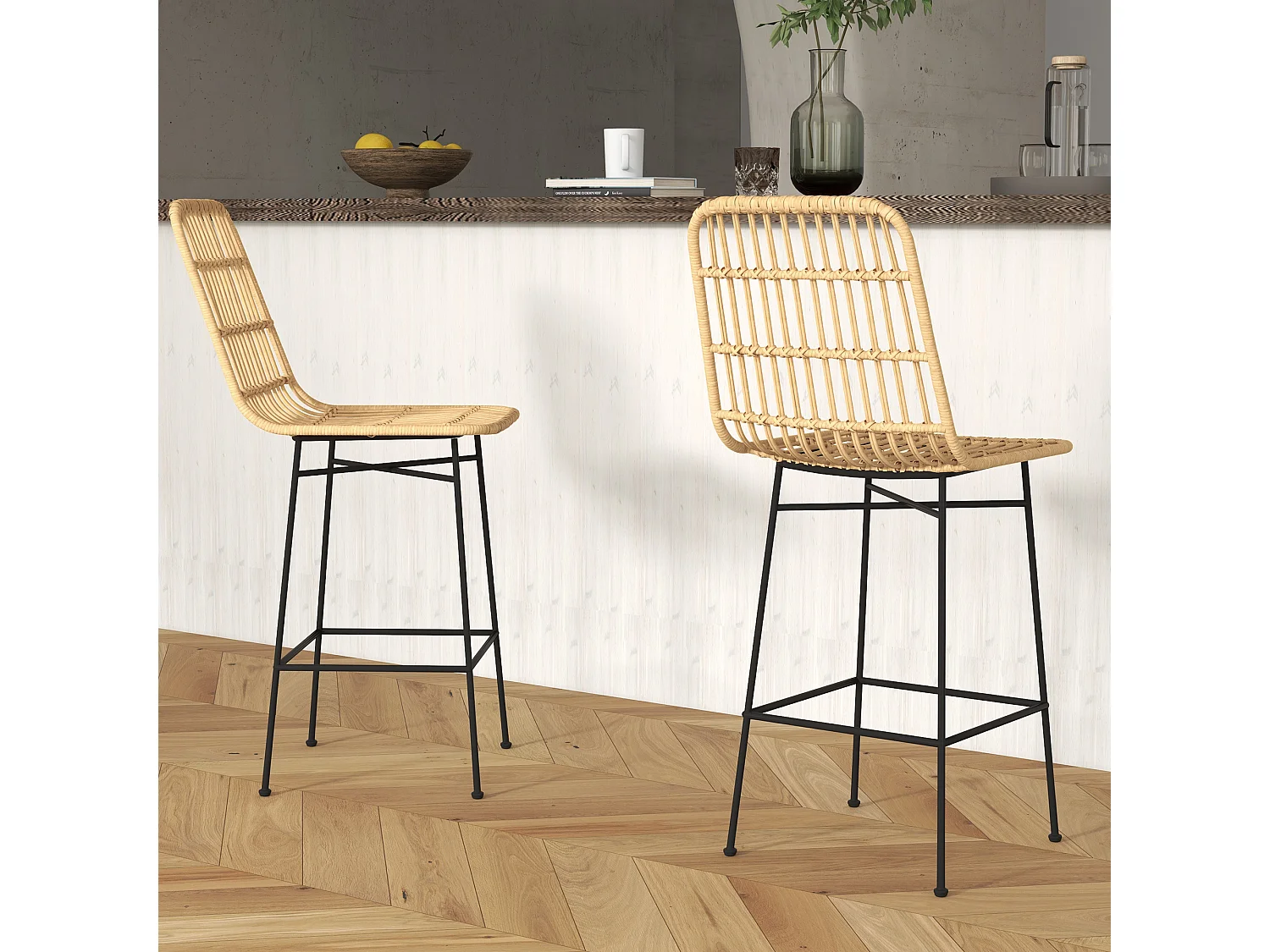 Lot de 2 tabourets de bar en rotin de style bohème avec dossier, acier, naturel et noir