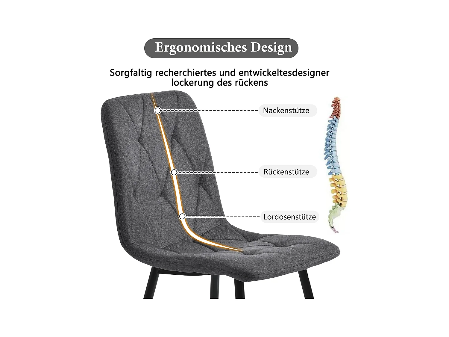 Lot de 4 chaises de salle à manger, gris foncé, chaise design rembourrée, lin sergé, avec dossier, pieds en métal