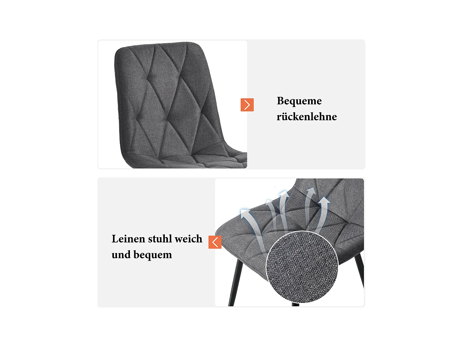 Lot de 4 chaises de salle à manger, gris foncé, chaise design rembourrée, lin sergé, avec dossier, pieds en métal