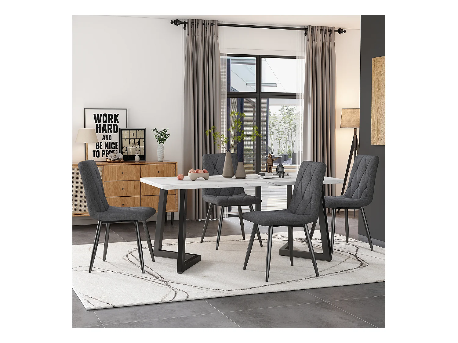 Lot de 4 chaises de salle à manger, gris foncé, chaise design rembourrée, lin sergé, avec dossier, pieds en métal