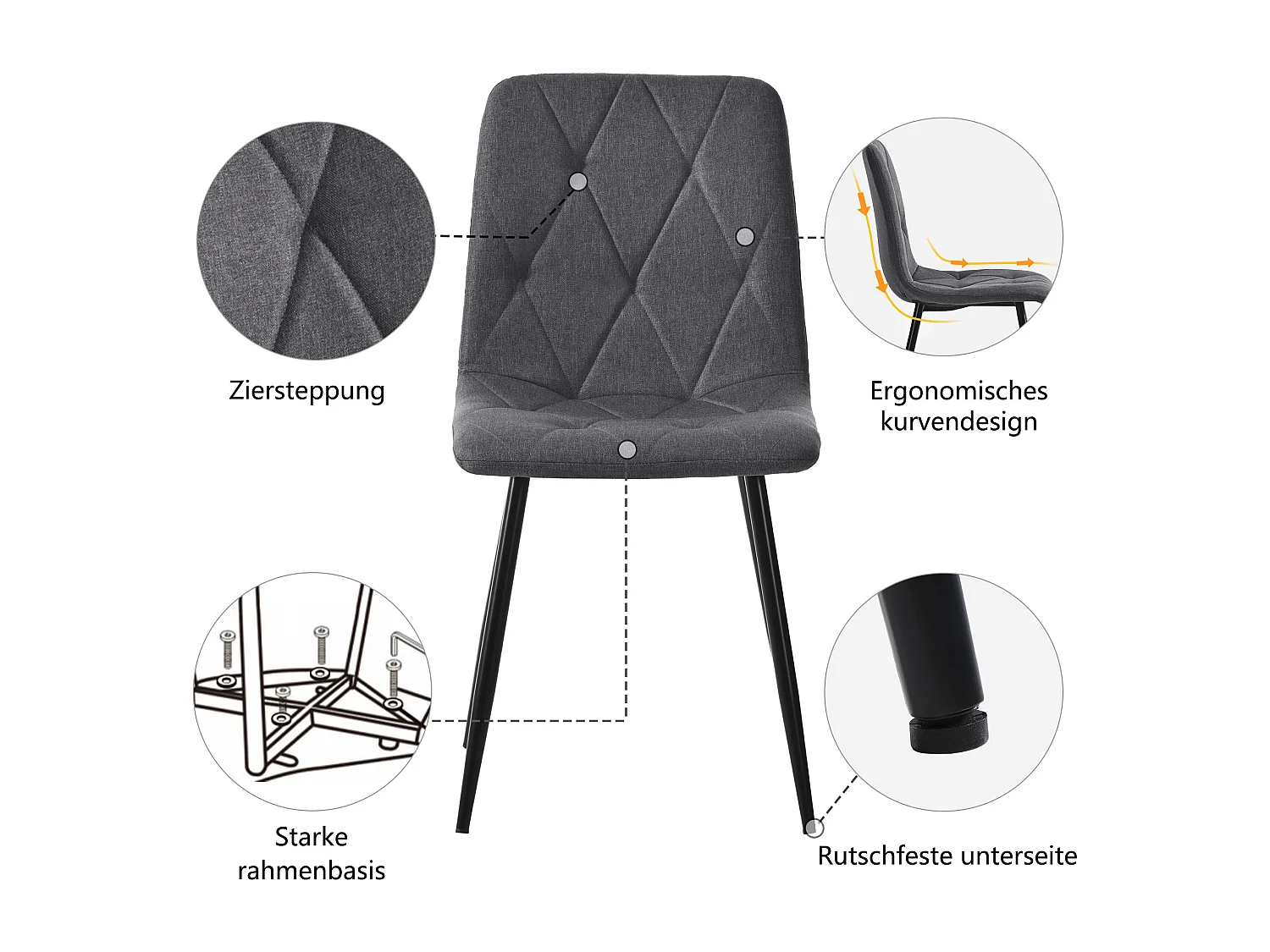 Lot de 4 chaises de salle à manger, gris foncé, chaise design rembourrée, lin sergé, avec dossier, pieds en métal