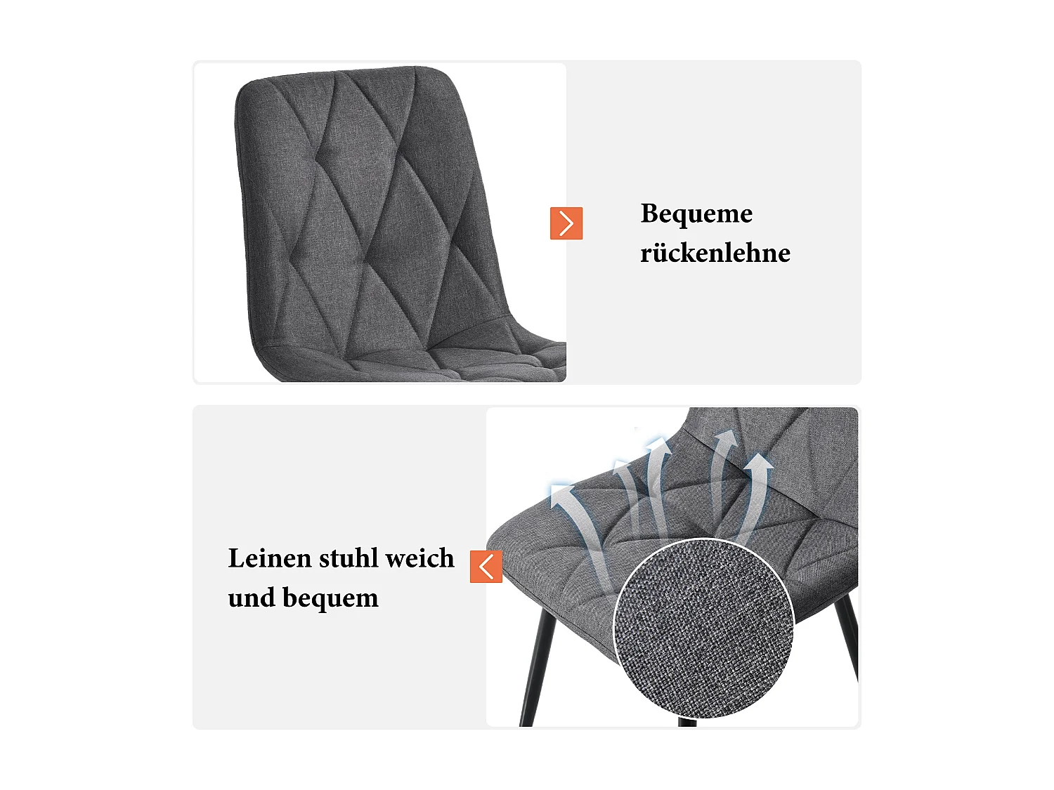 Lot de 4 chaises de salle à manger, gris foncé, chaise design rembourrée, lin sergé, avec dossier, pieds en métal