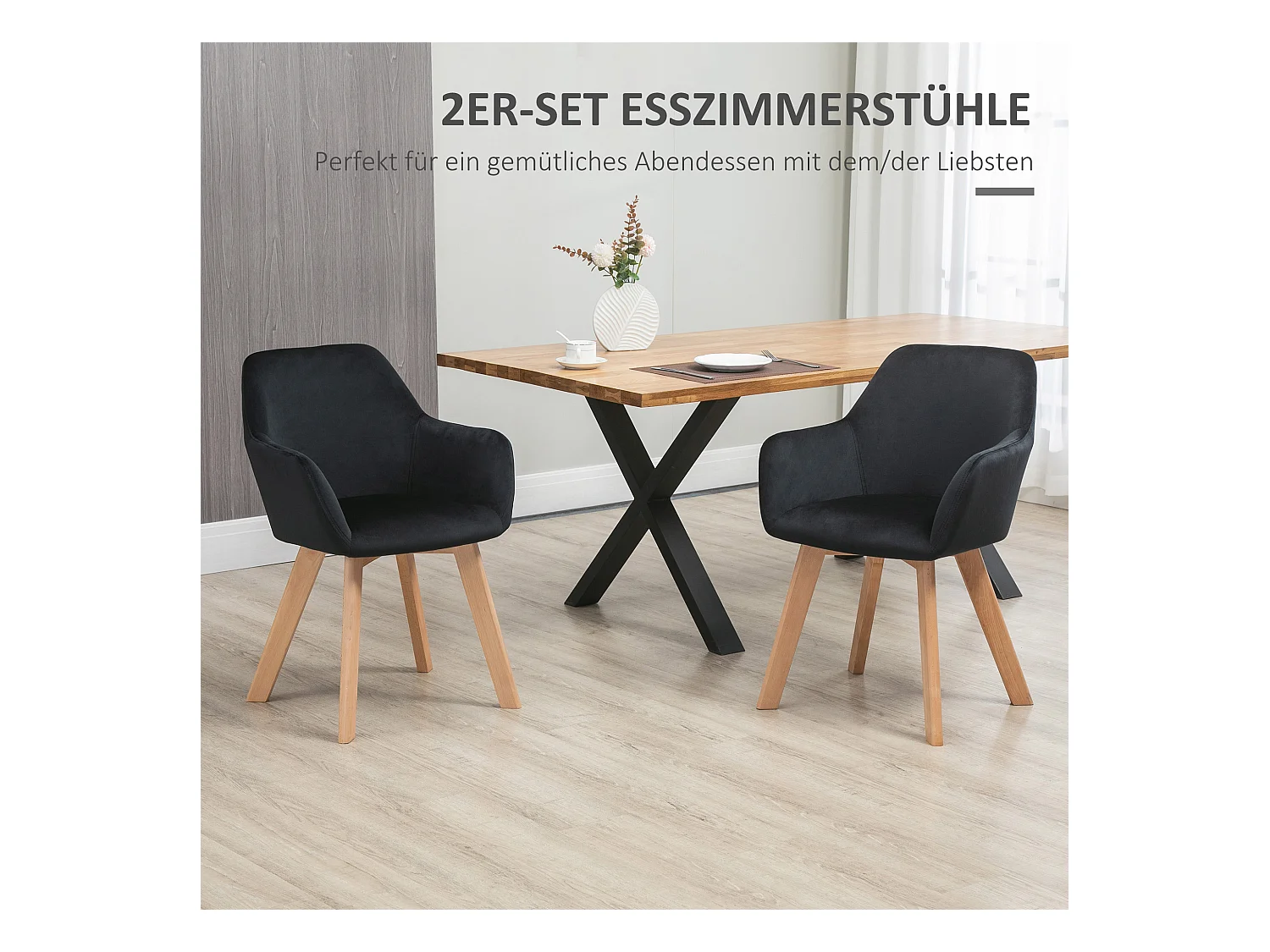 Küchenstühle 2er-Set, ergonomisch mit verlängerten Armlehnen und Rückenlehne, bis 120 kg, Polyester und Holz, Schwarz