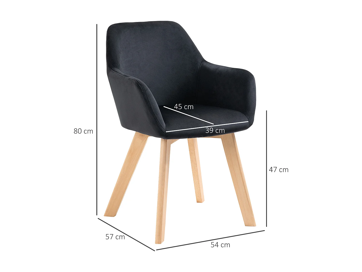 Lot de 2 chaises de cuisine ergonomiques avec accoudoirs et dossier allongés, jusqu'à 120 kg, polyester et bois, noir
